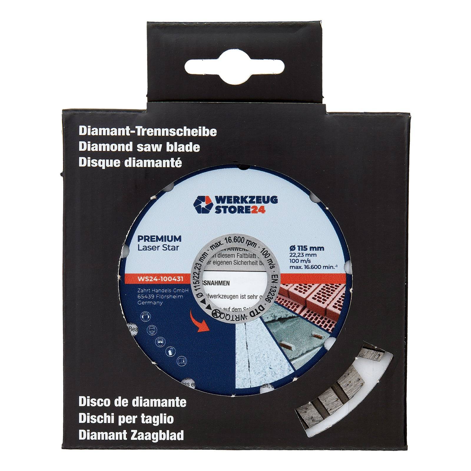 Ein Paket mit einer Diamant-Sägeblatt, beschriftet mit 'Werkzeug Store24', mit Spezifikationen zum Steinschneiden.