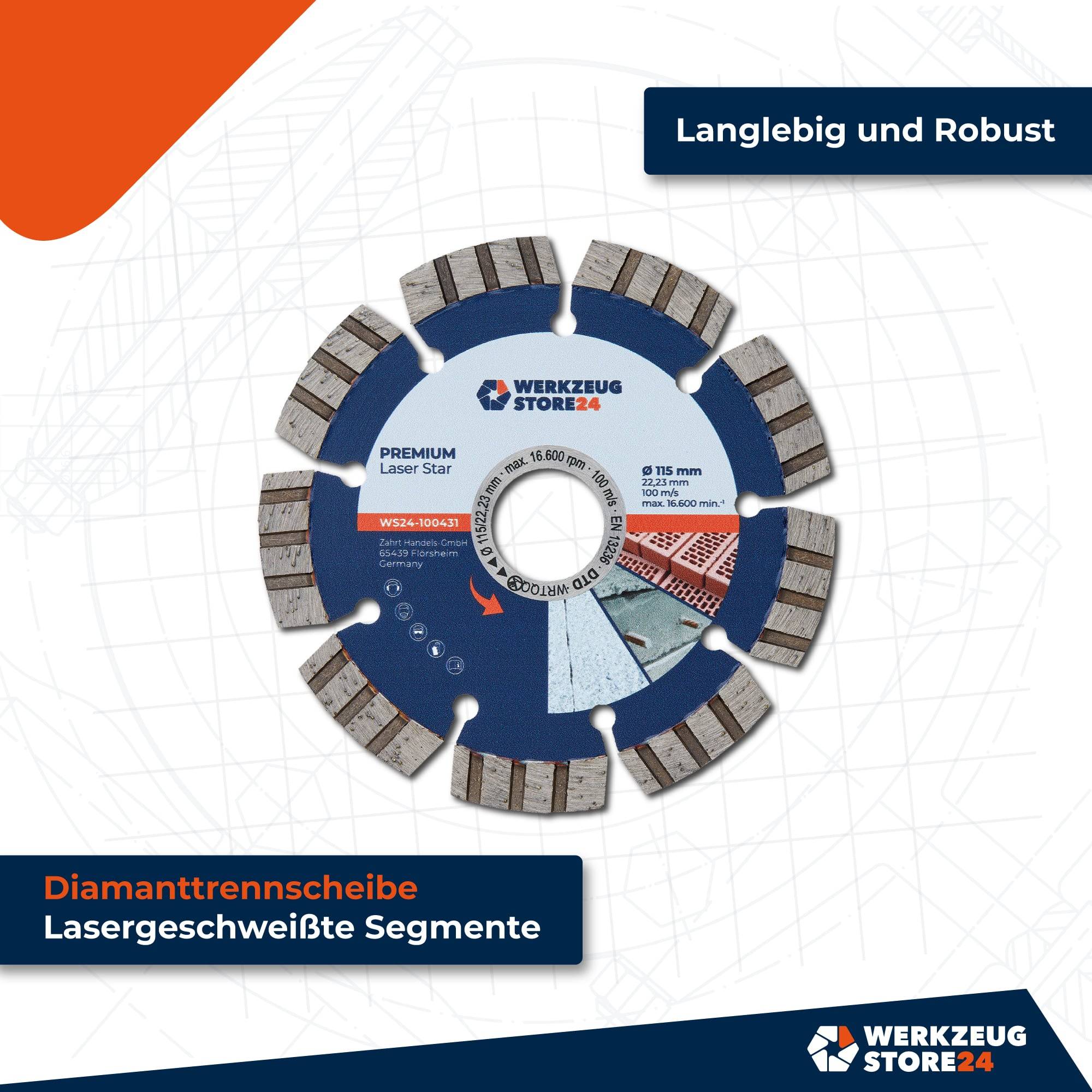 Ein Kreissägeblatt mit Segmenten für Präzisionsschnitte beschriftet. Text liest sich: 