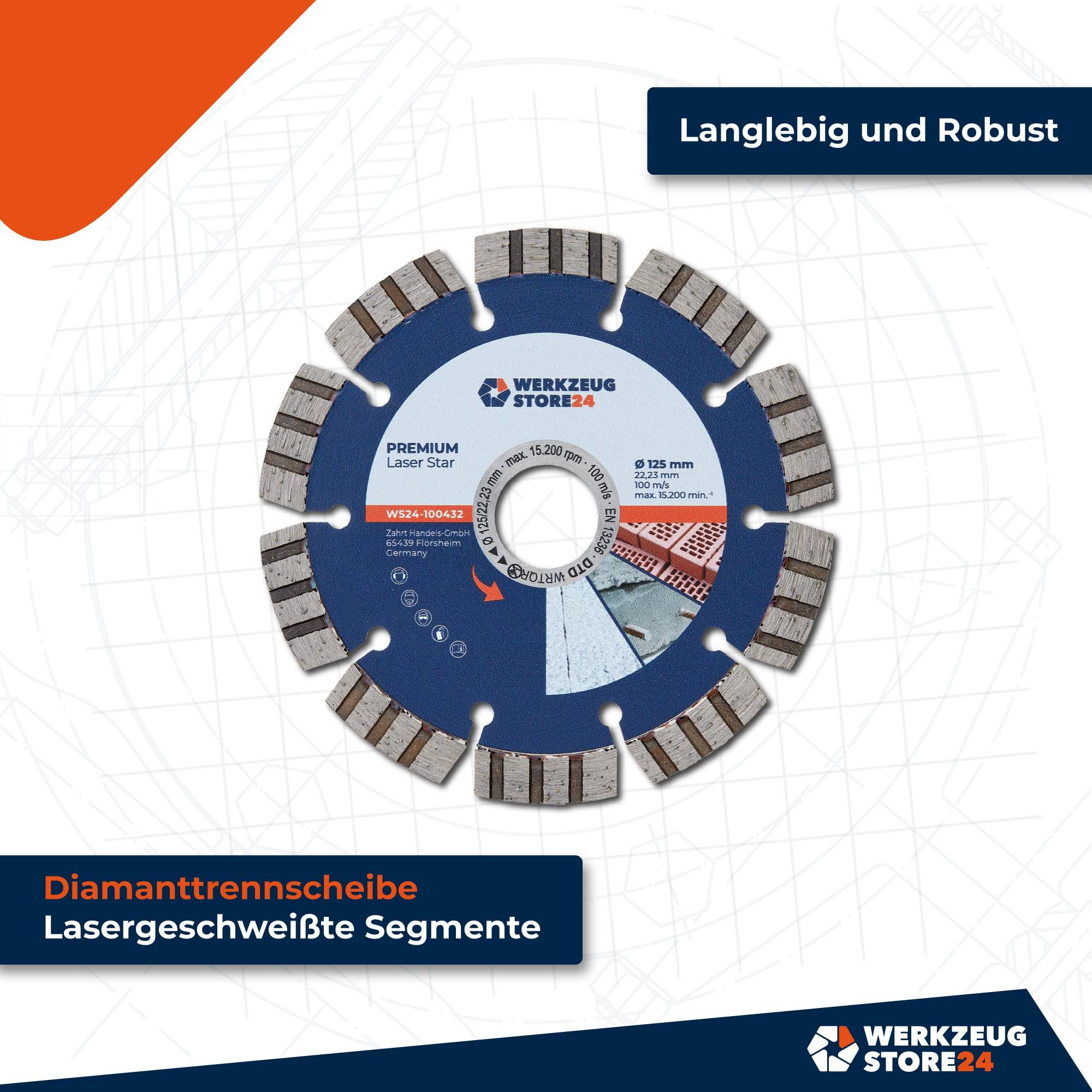 Diamant-Trennscheibe mit lasergeschweißten Segmenten. Merkmale umfassen Langlebigkeit und Robustheit. Marke: Werkzeug Store 24.