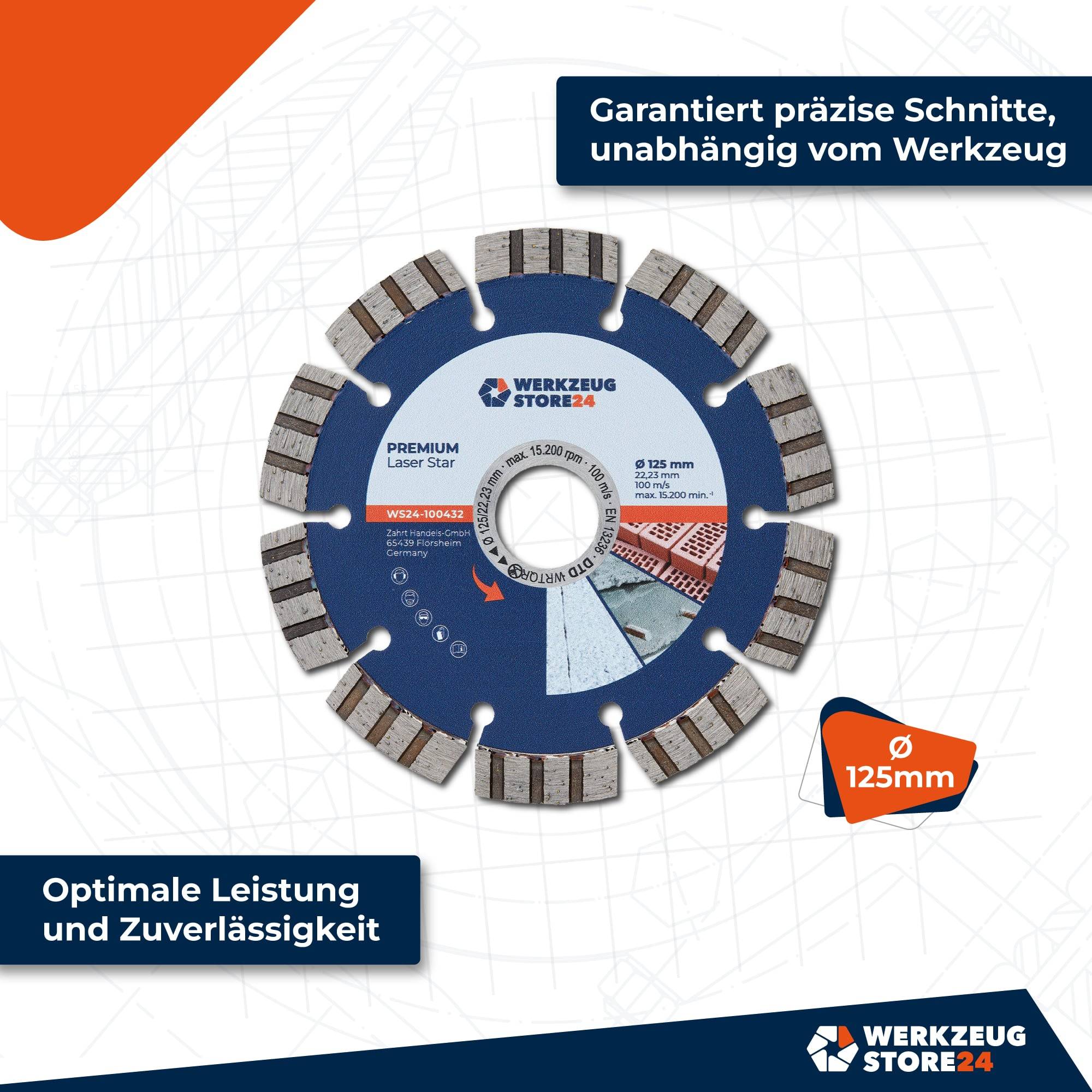 Kreissägeblatt mit Segmenten, '125mm' markiert. Ein Werkzeug, das höchste Präzision und absolute Zuverlässigkeit garantiert. Markenlogo: Werkzeug Store 24.