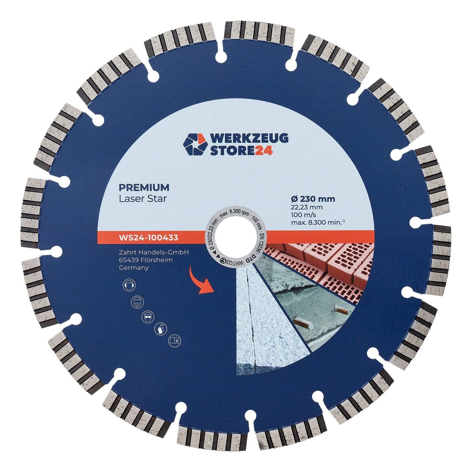 Kreissägeblatt mit Beschriftung 'Werkzeug Store 24 Premium Laser Star' mit Spezifikationen: 230 mm, 22,2 mm, 100 m/s, max 8300 min⁻¹.
