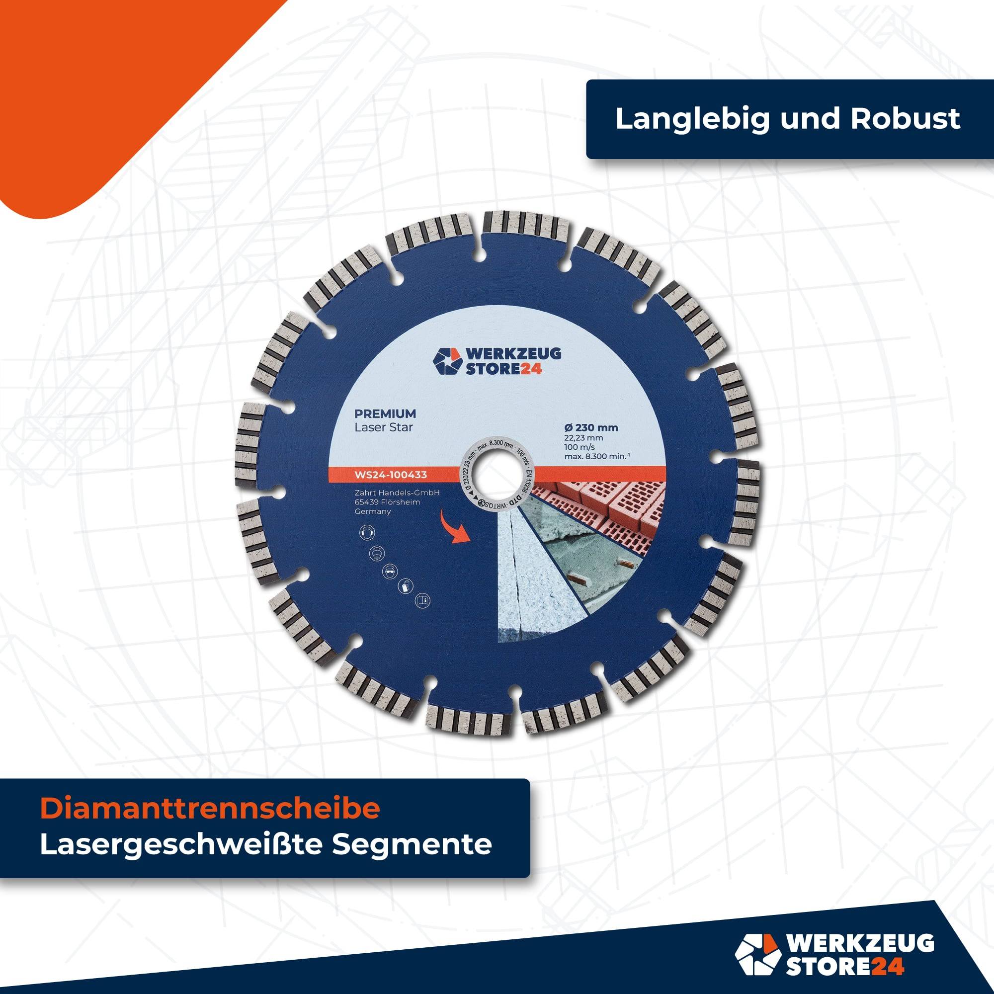 Eine Kreissägeblatt mit der Aufschrift 'Premium Laser Star' mit lasergeschweißten Segmenten für Langlebigkeit, präsentiert mit dem Branding 'Werkzeug Store 24'.