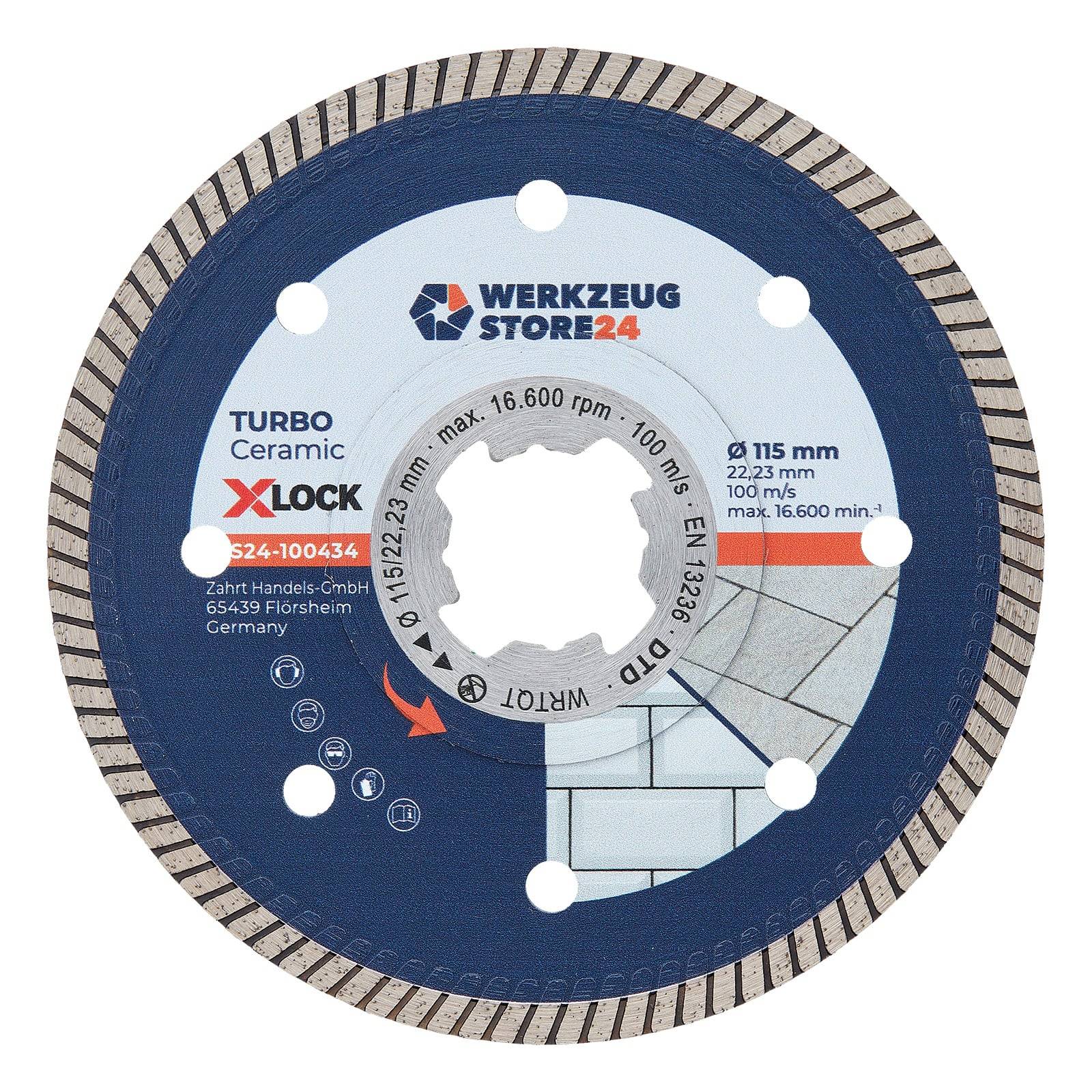 Turbo Ceramic X-Lock' Kreissägeblatt mit blauem Design, 115 mm Durchmesser, 22,23 mm Bohrungsgröße und 13.300 Umdrehungen pro Minute.
