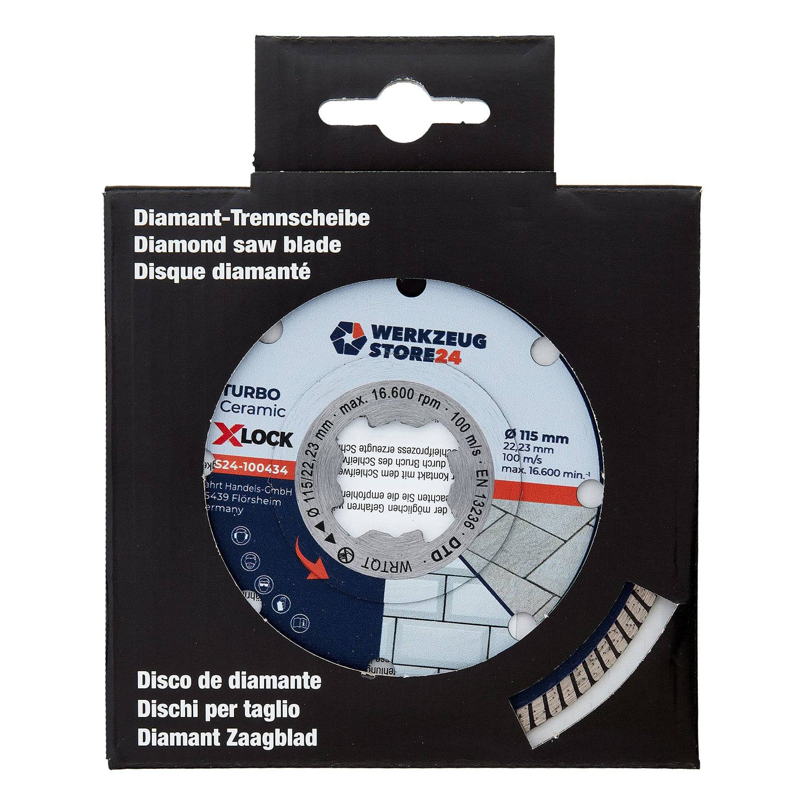 Ein Diamant-Sägeblatt-Verpackung mit Markendetails und Spezifikationen in mehreren Sprachen, einschließlich Blattgröße und Anwendung.