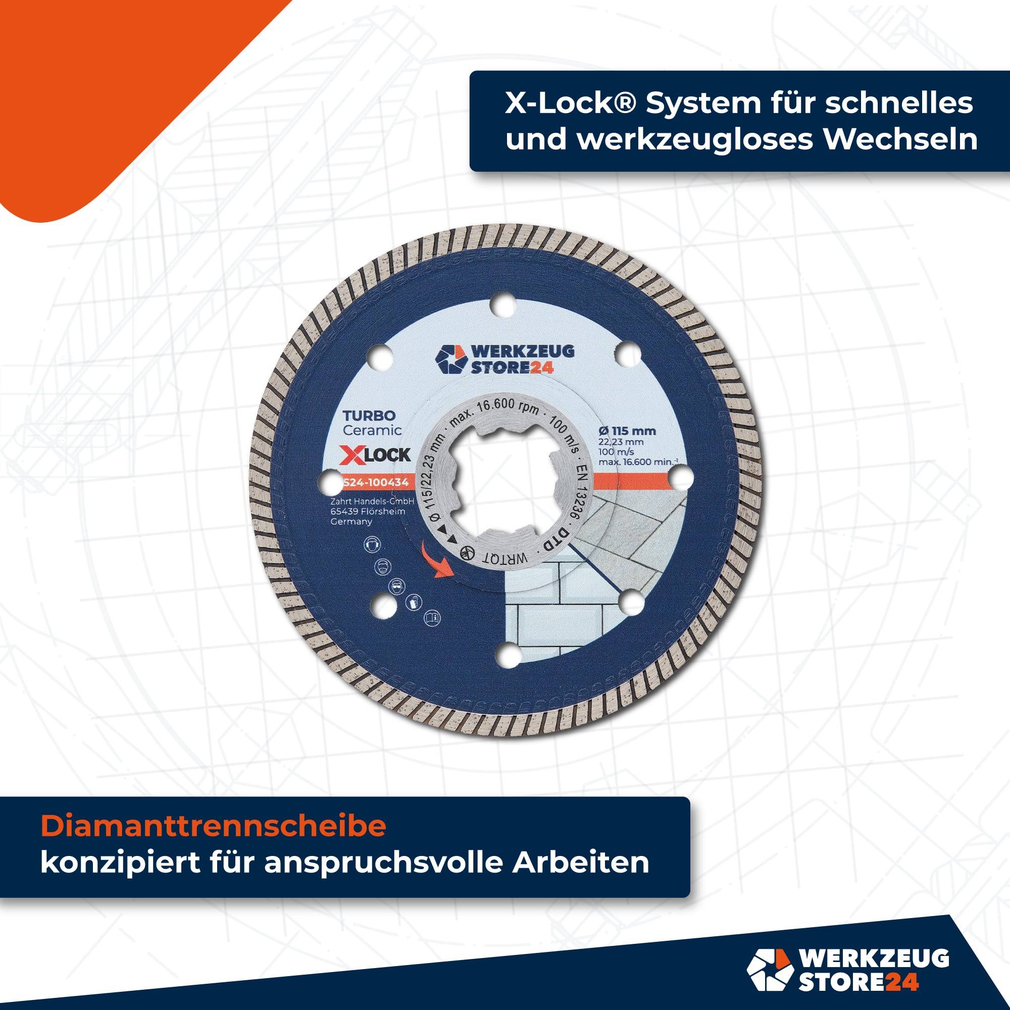 Ein 125-mm-Diamanttrennscheibe für anspruchsvolle Arbeiten mit X-Lock-System für schnelle Werkzeugwechsel. Auf geometrischem Hintergrund dargestellt.