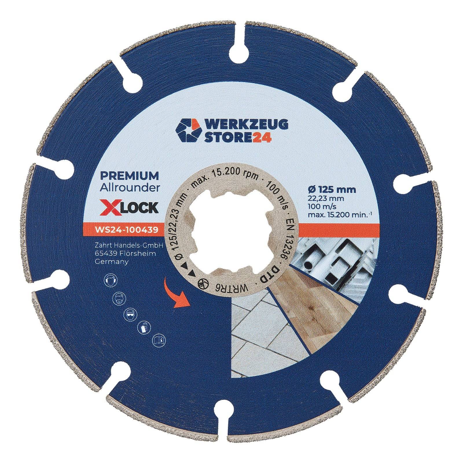 Eine Kreissägeblatt mit der Aufschrift 'Premium Allrounder X-Lock' von Werkzeugstore24, 125 mm Durchmesser, 100 m/s Geschwindigkeit, für verschiedene Schneidaufgaben.