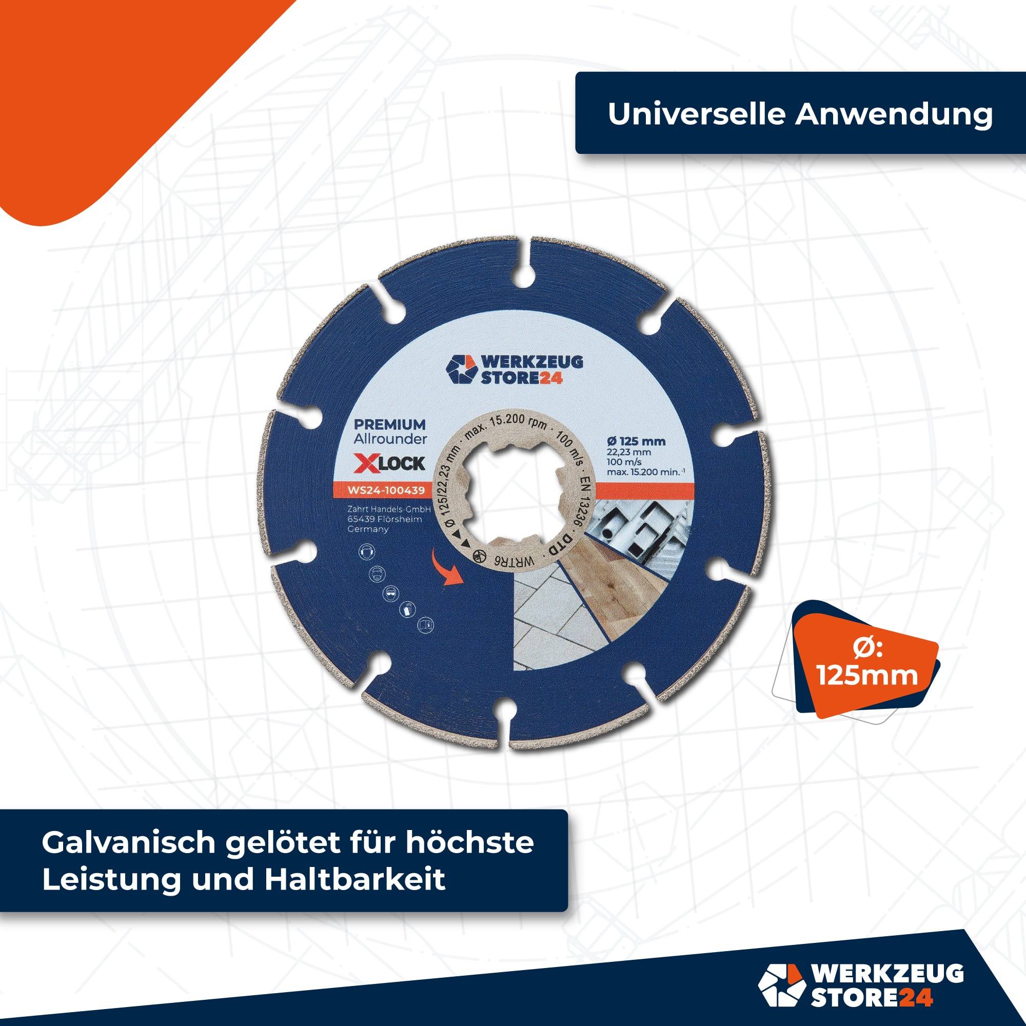Premium Allrounder X-LOCK Kreissägeblatt, gekennzeichnet mit 'Universelle Anwendung', 'Ø 125mm', für hohe Leistung und Langlebigkeit.