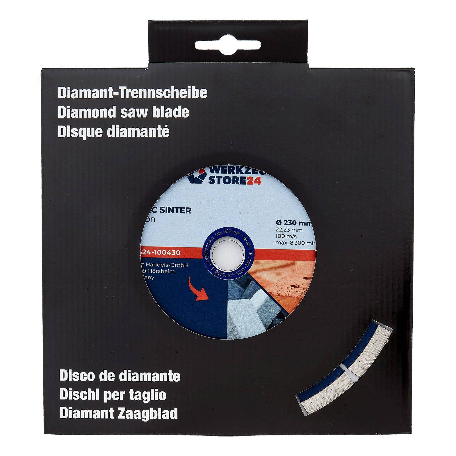 Eine runde Verpackungsbox mit einer Diamantsägeblatt zum Schneiden. Mehrsprachiger Text beschreibt es als geeignet für Bauanwendungen.