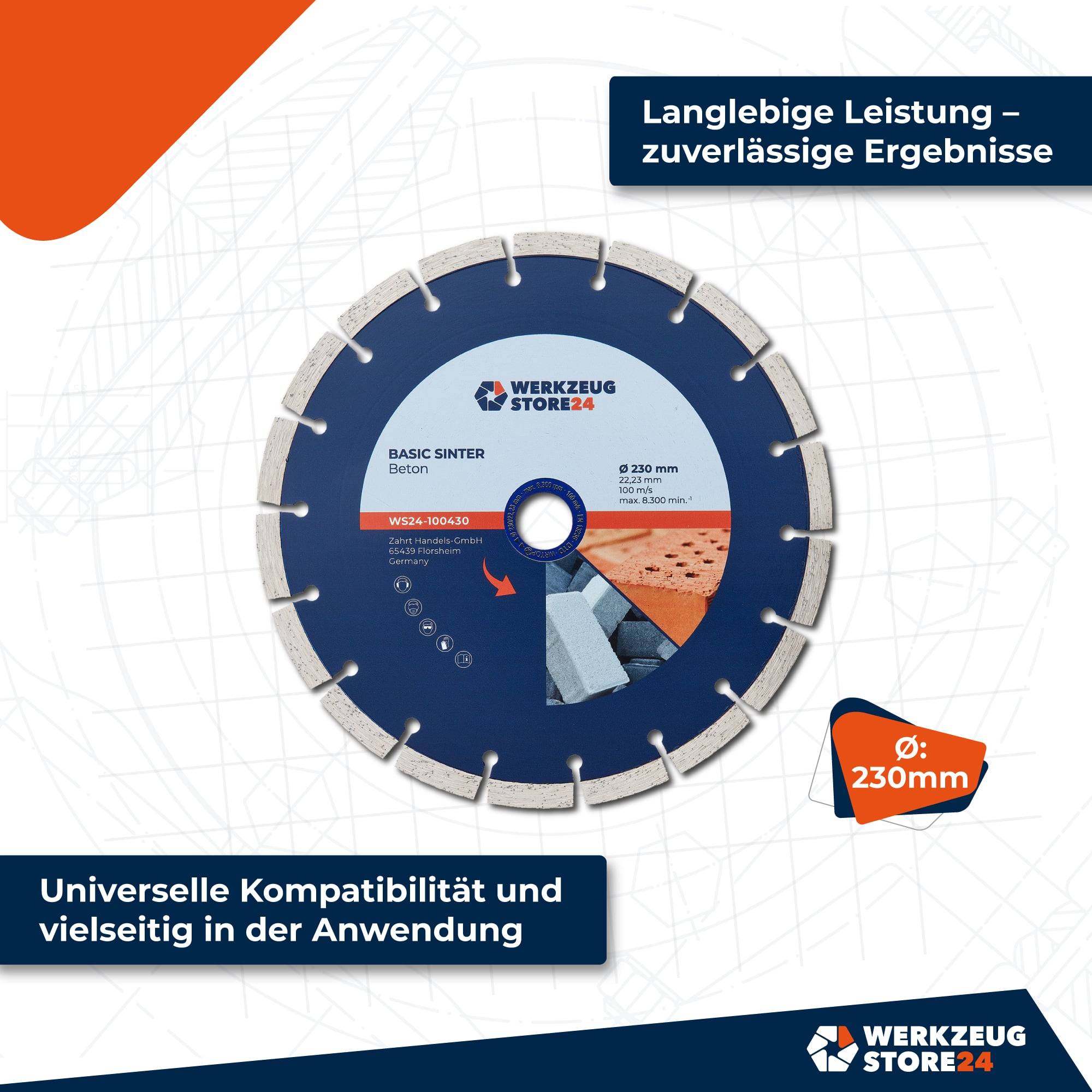 Diamanttrennscheibe zum Schneiden, beschriftet mit ‚BASIC STONE' und ‚230mm'. Merkmale deutsche Text über ihre Haltbarkeit und Vielseitigkeit bei der Anwendung.