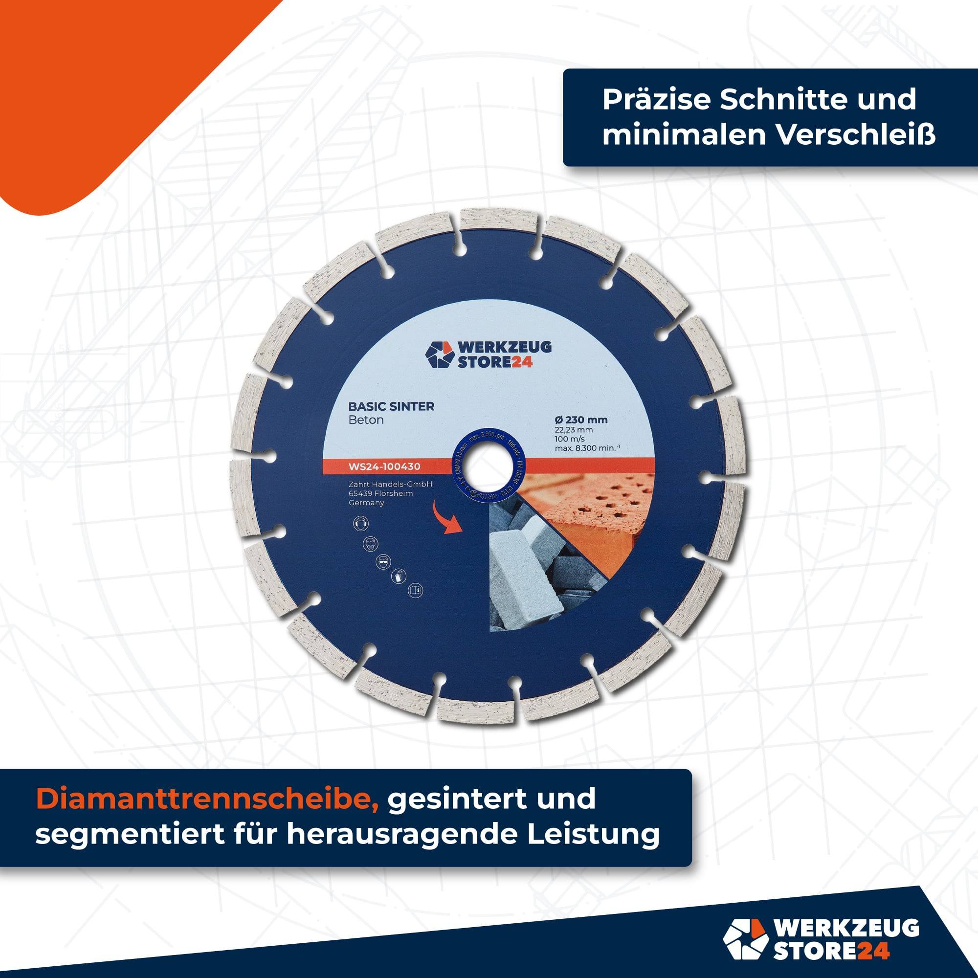 Kreissägeblatt mit der Aufschrift 'Diamanttrennscheibe' für präzise Schnitte. Text auf Deutsch hebt minimalen Verschleiß hervor.