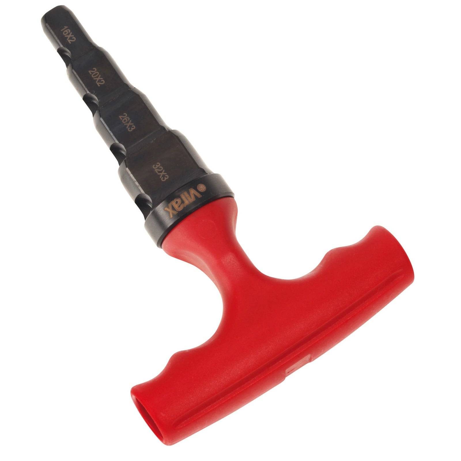 Ein stufiger Kegelbohrer mit rotem T-Griff, der Größen von 16-32 mm zeigt, entwickelt zum Bohren von Löchern in verschiedenen Materialien.