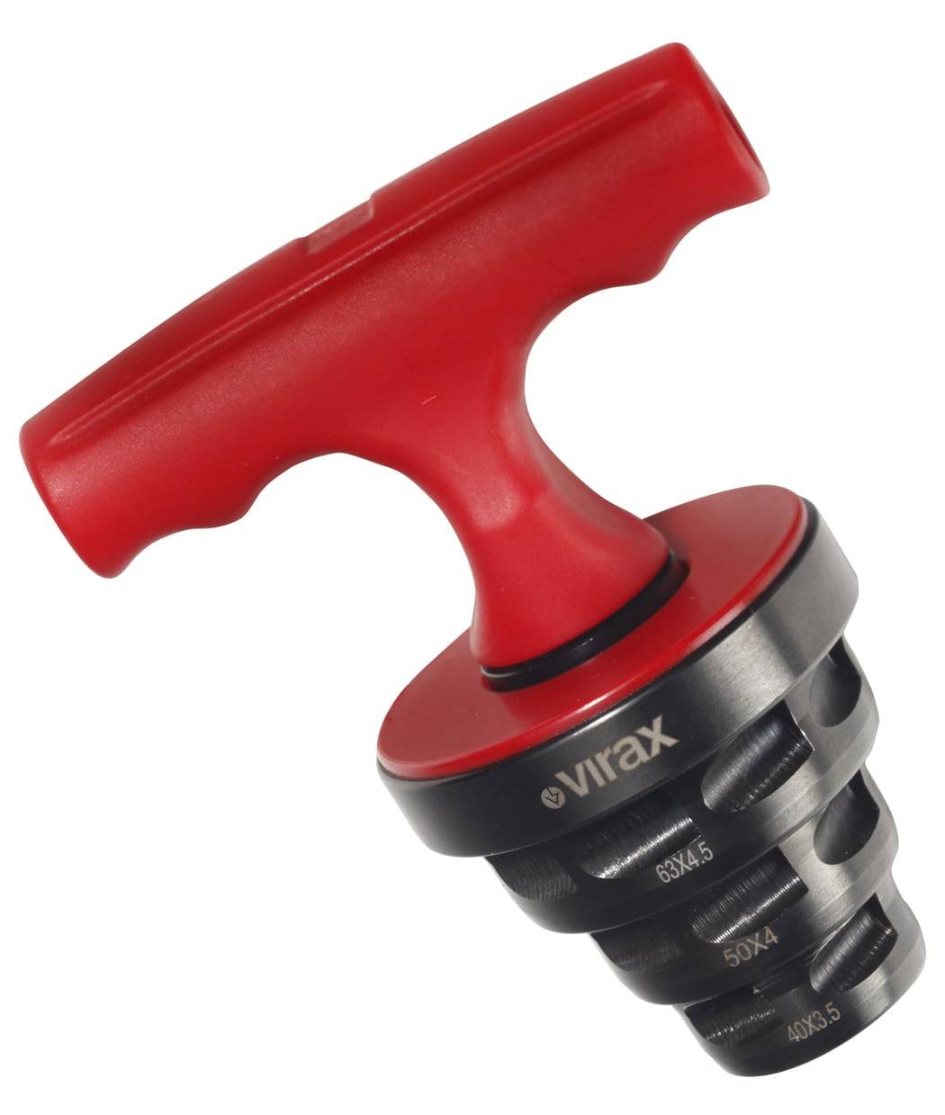 Rotgriffiger, T-förmiger Werkzeuggegenstand mit spiralförmigem Ende, beschriftet mit Größenangaben von 63x4,5 bis 16x2, verwendet zum Vorbereiten oder Kalibrieren von Rohren.