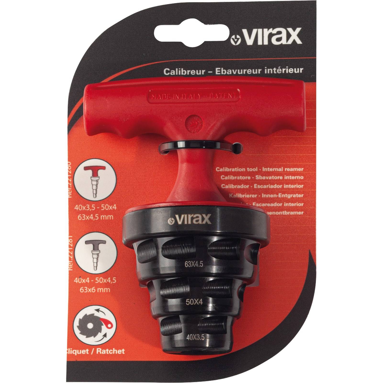 Virax Calibreur - Innenbürste' Werkzeug in Verpackung. Abbildungen der Werkzeugfunktionen zur Rohrkalibration und Innenentgratung.
