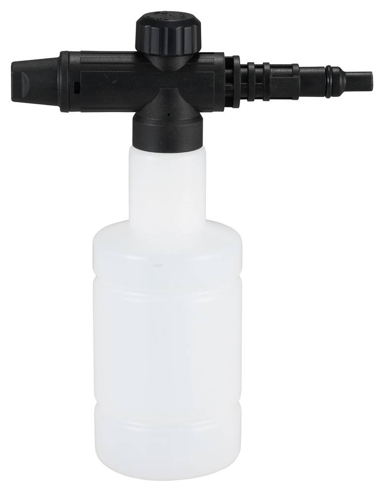 Schwarze Sprühdüse an einer durchsichtigen Kunststoffflasche befestigt, auf weißem Hintergrund dargestellt.