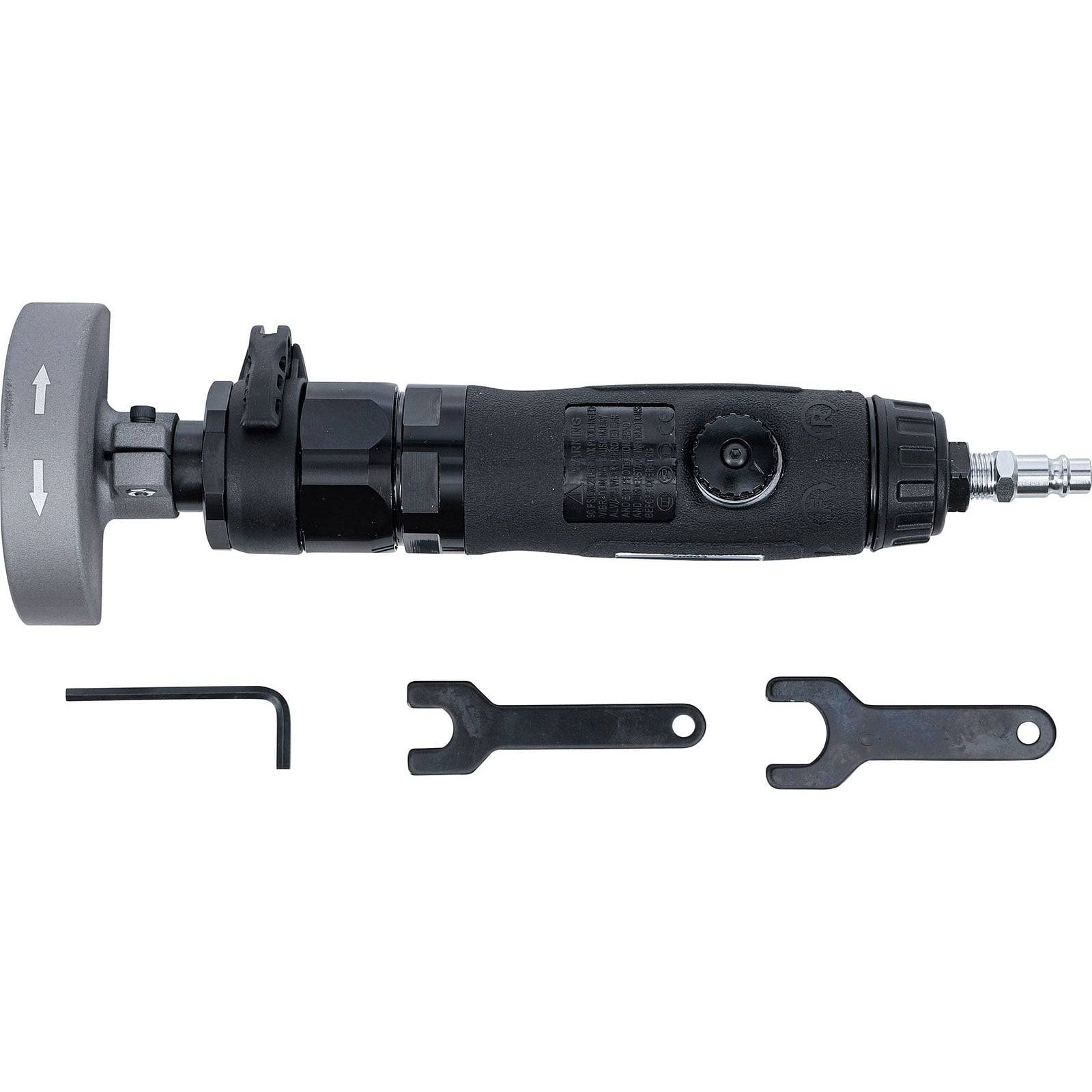 Ein schwarzes Druckluft-Werkzeug mit drei separaten Schraubenschlüssel-Komponenten, das auf weißem Hintergrund gezeigt wird und für Feineinstellungen und Justierungen verwendet wird.