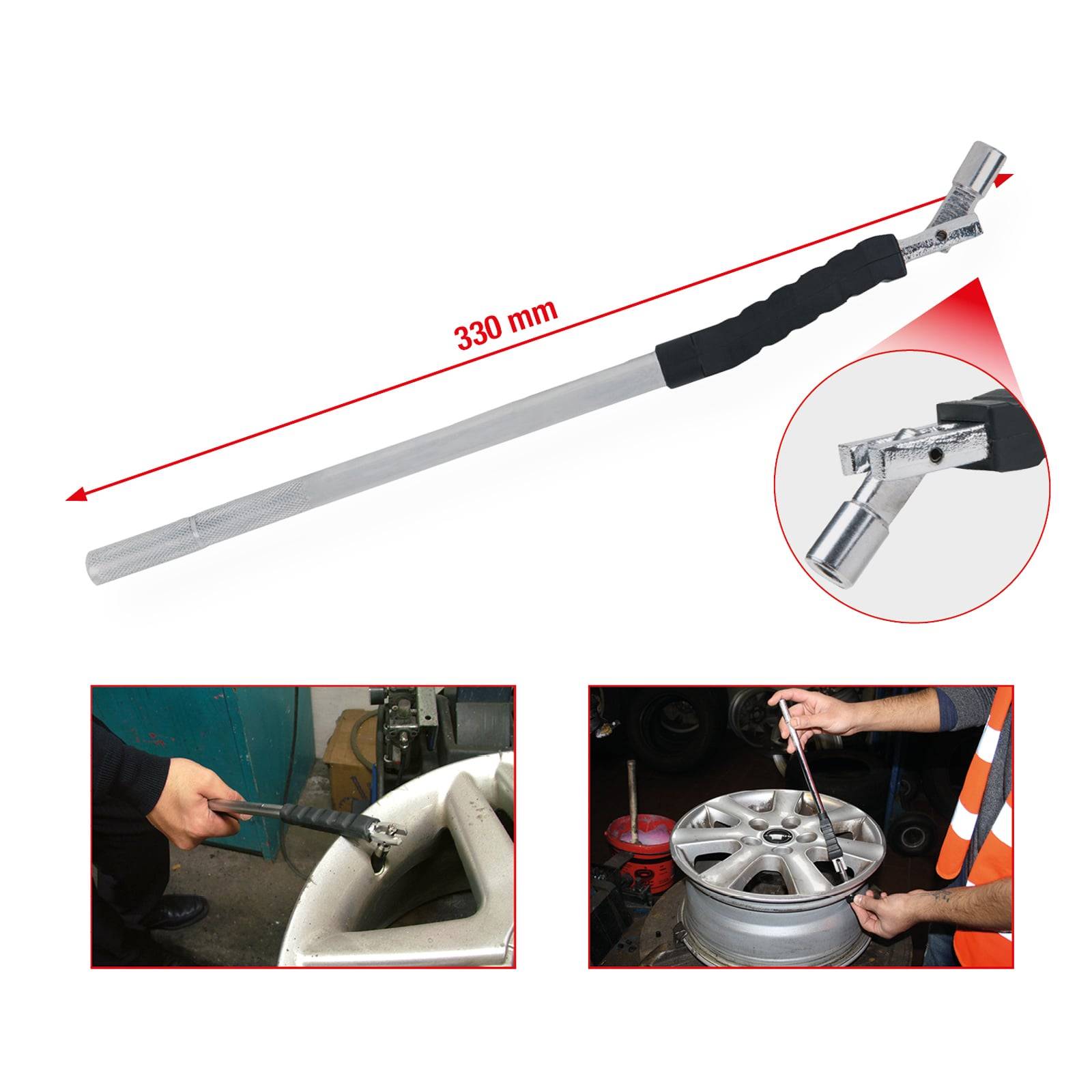 Ventilwerkzeug für Reifen, 330 mm Länge, wird zum Einsetzen und Entfernen von Reifenventilen verwendet. Enthält Nahaufnahmen und Bilder der praktischen Anwendung, die die Verwendung demonstrieren.