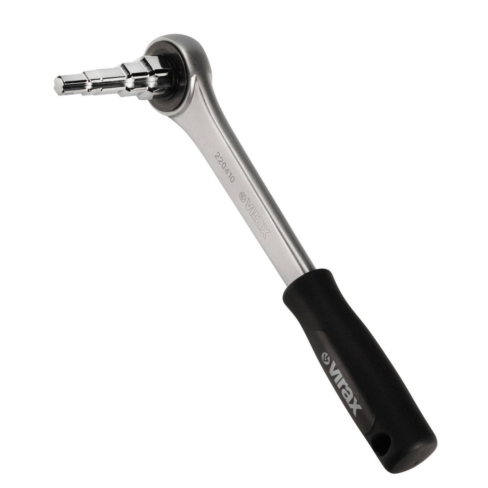 Ein Knarrenschlüssel mit einem schwarzen Griff, der seinen metallischen Zahnradmechanismus zeigt.