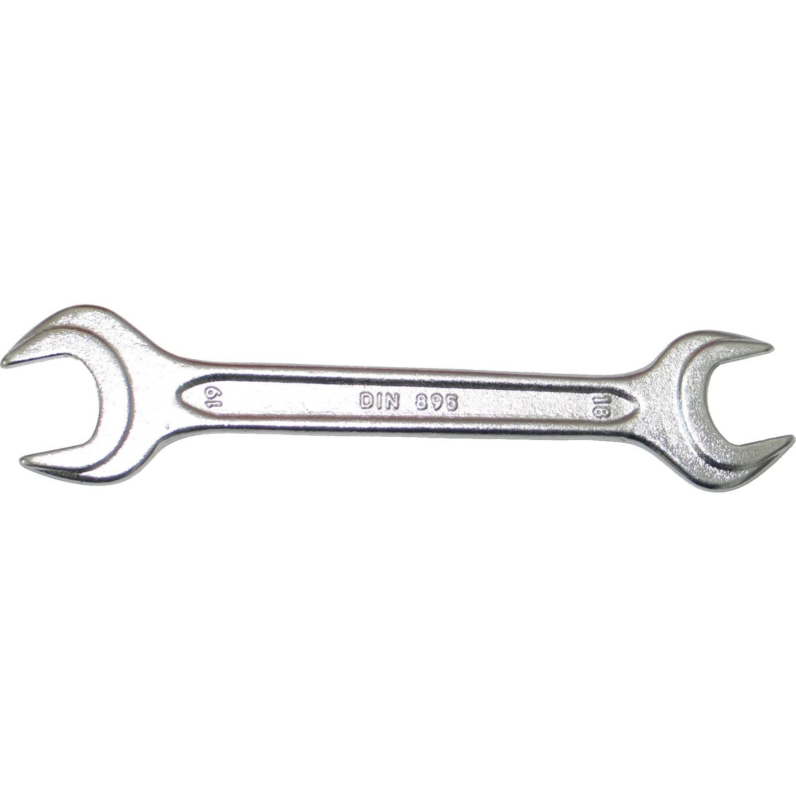 Ein silberner Doppelgabelschlüssel mit 'DIN 895' und Größenmarkierungen am Griff, verwendet zum Anziehen oder Lösen von Muttern und Schrauben.