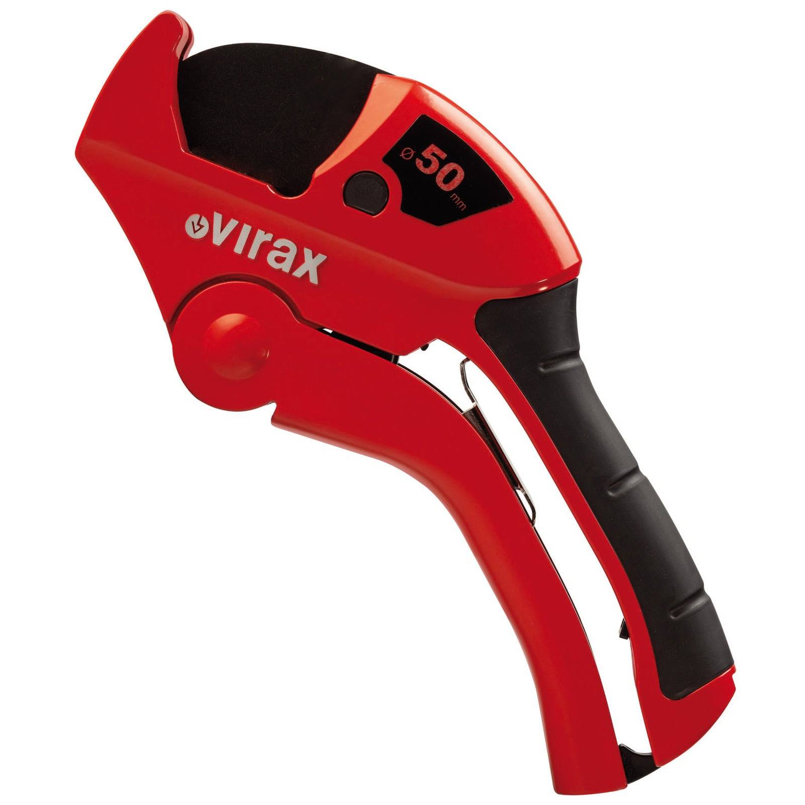 Rot-schwarzer Rohrabschneider mit ergonomischem Griff, mit der Markenbezeichnung 'Virax'. Geeignet zum Schneiden von Rohren mit einem Durchmesser von bis zu 50 mm.