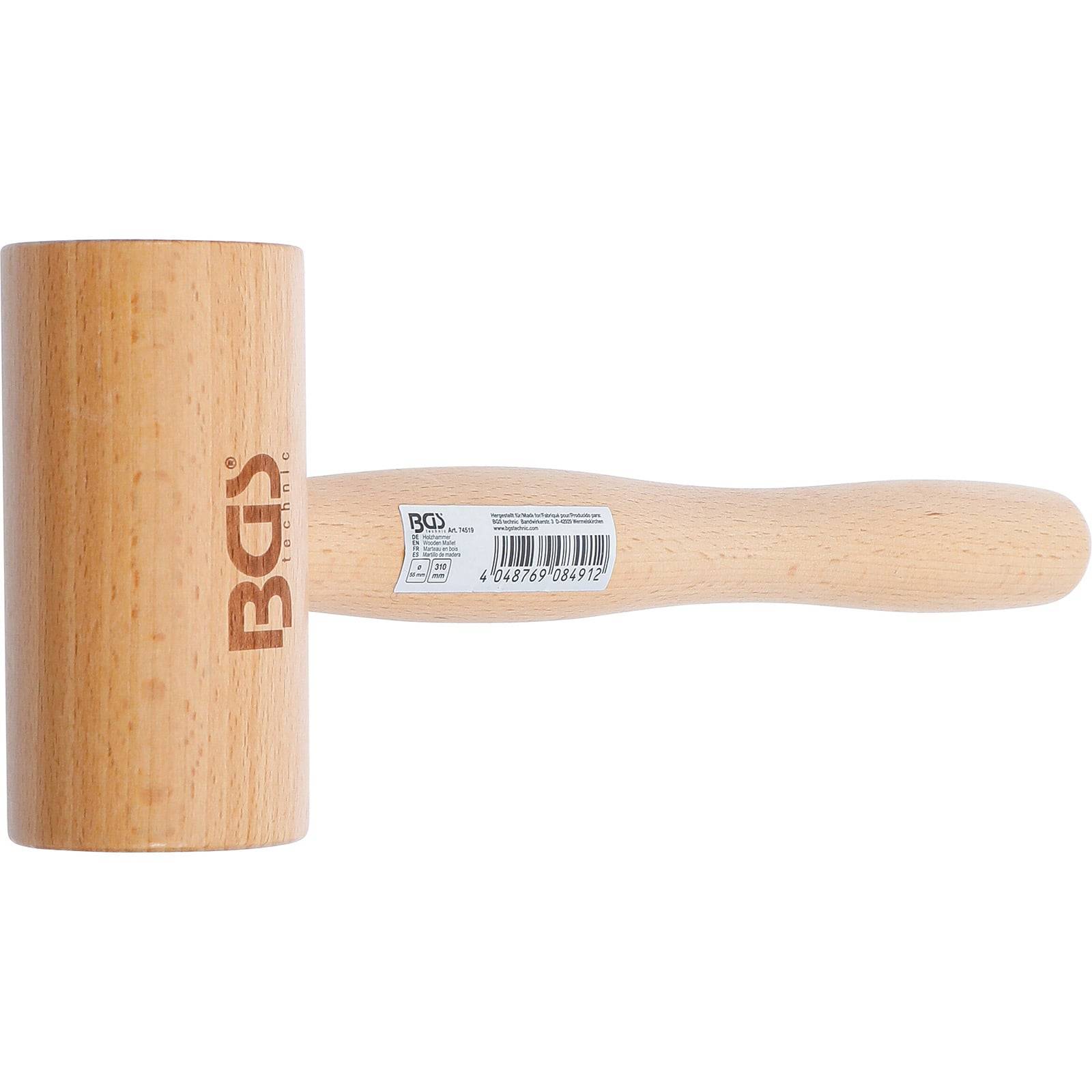 Ein Holzhammer mit 'BGS'-Branding auf dem Kopf und einem Barcode am Griff.