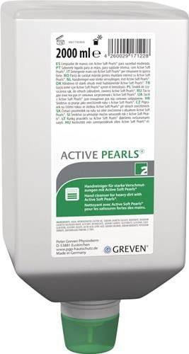 Flasche mit Handreinigers 'Active Pearls' mit deutschem und französischem Text. Das grün-weiße Etikett hebt das Produkt für die Schwerstreinigung hervor. Hergestellt in Deutschland.