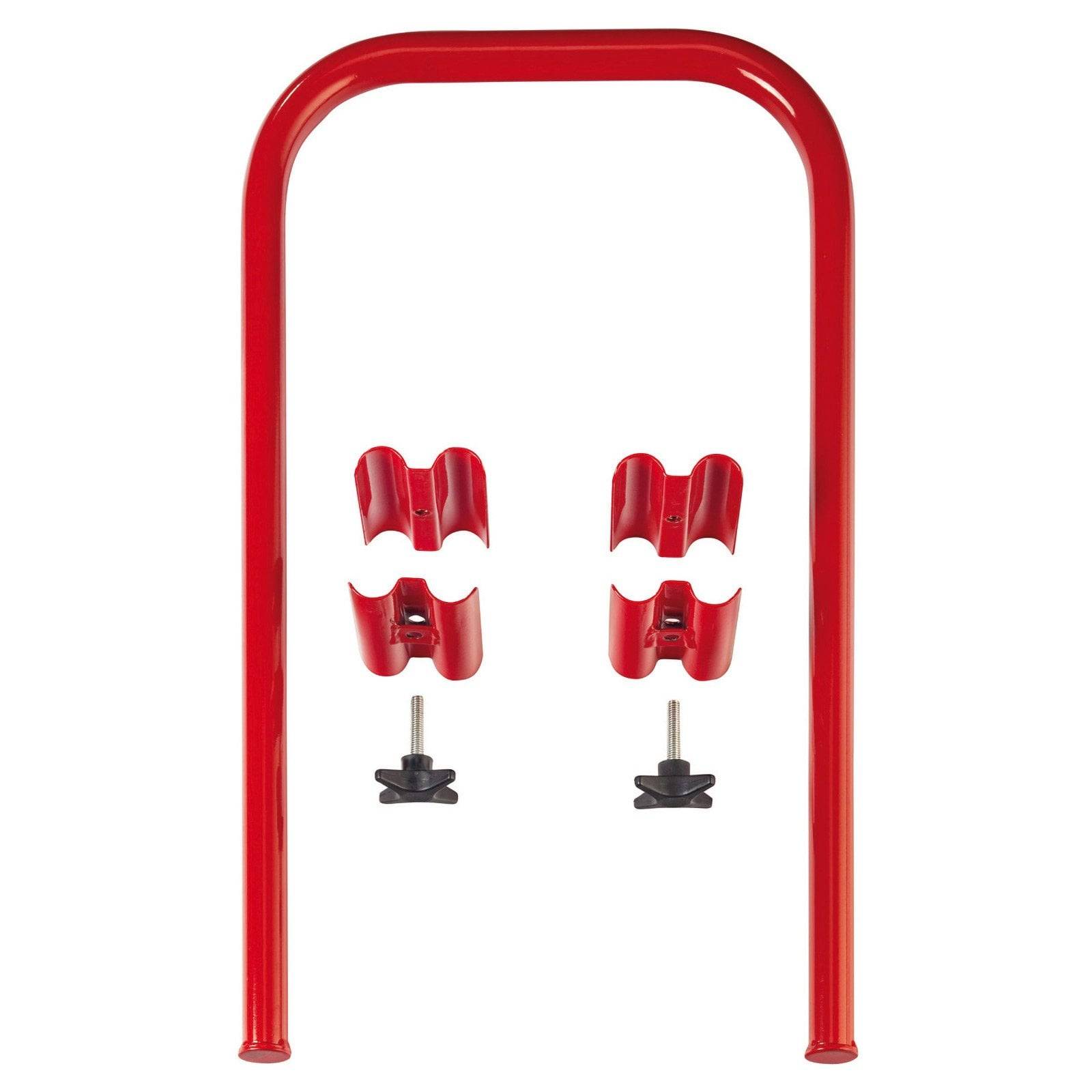 Roter Metallfahrradständer mit Befestigungszubehör, einschließlich vier Klammern und zwei Schrauben. Ideal zum Sichern von Fahrrädern.