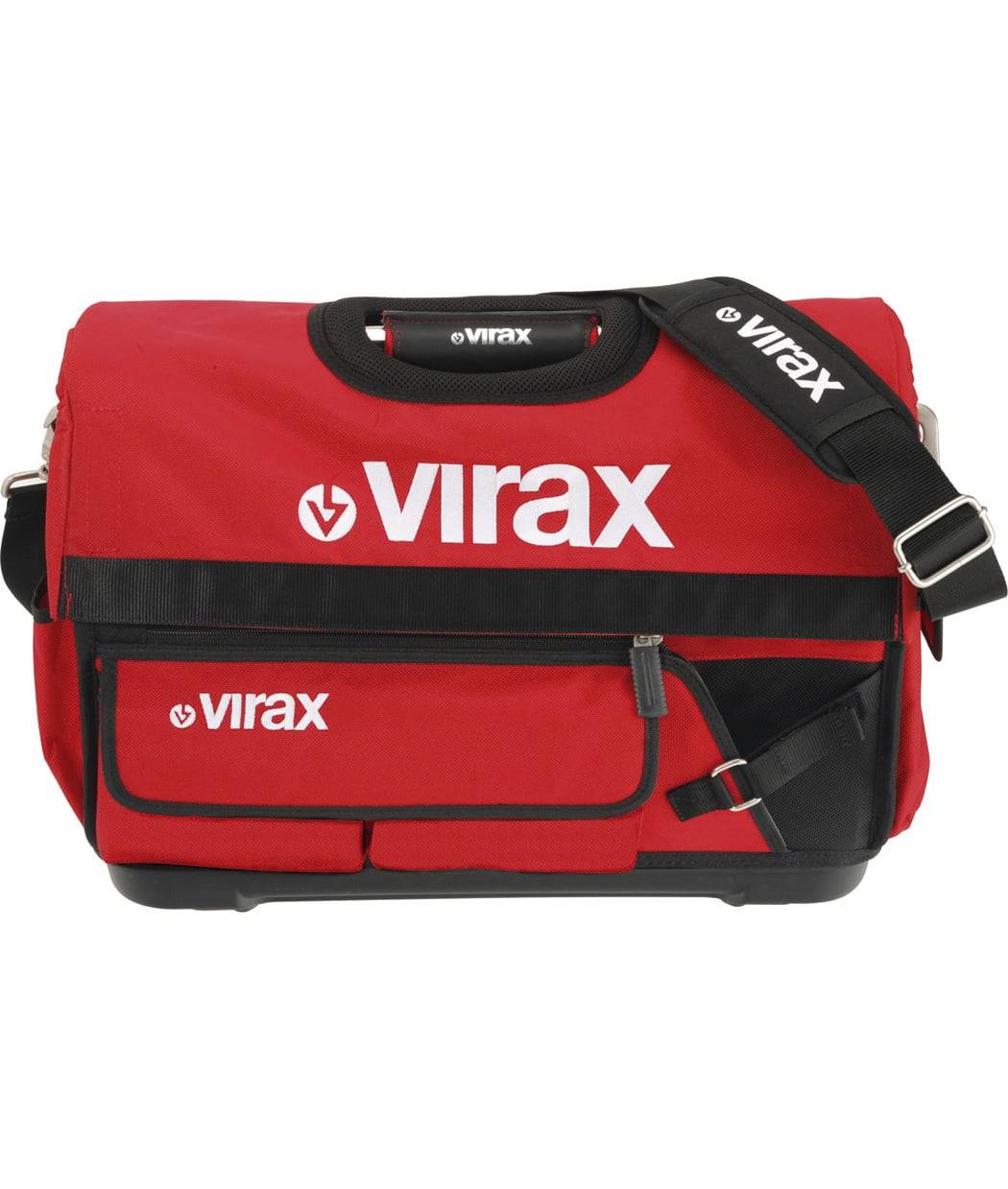 Rote und schwarze Virax-Werkzeugtasche mit mehreren Fächern und verstellbarem Schultergurt.