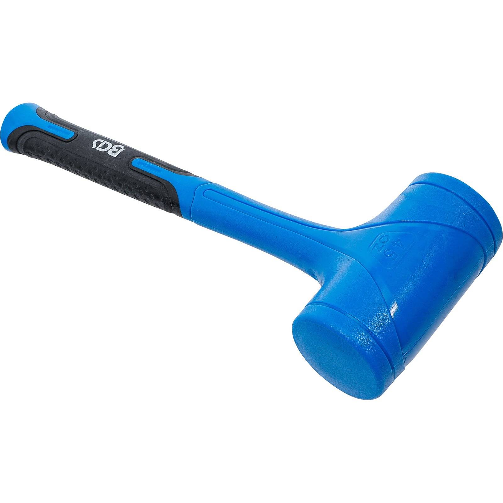 Ein blauer Gummihammer mit schwarzem Griff, der häufig zum sanften Hämmern verwendet wird, trägt das Logo 'BOC' am Griff.