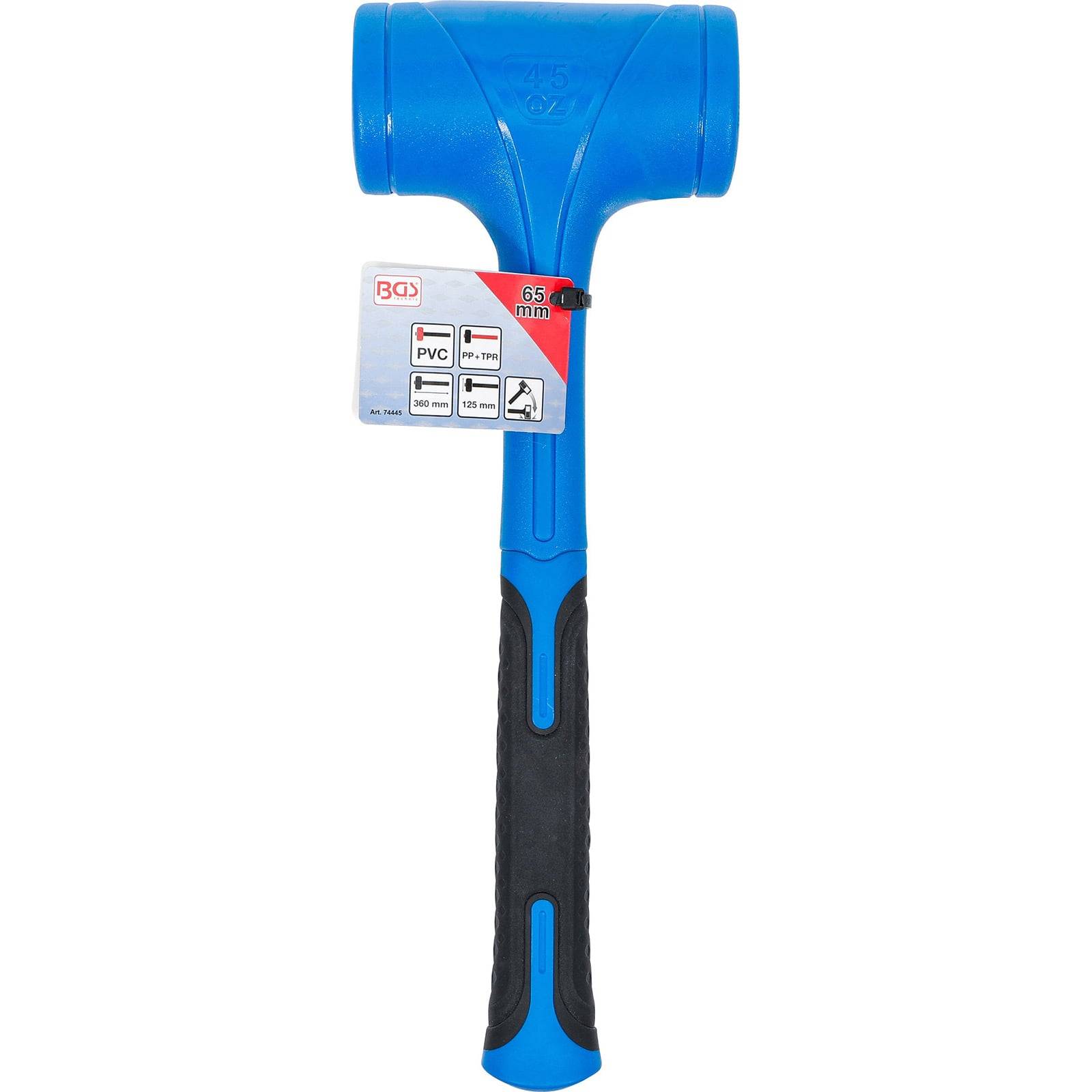 Ein blauer Gummihammer mit einem schwarzen Griff, gekennzeichnet mit 'PVC 65 mm', dargestellt mit Verpackungsdetail.