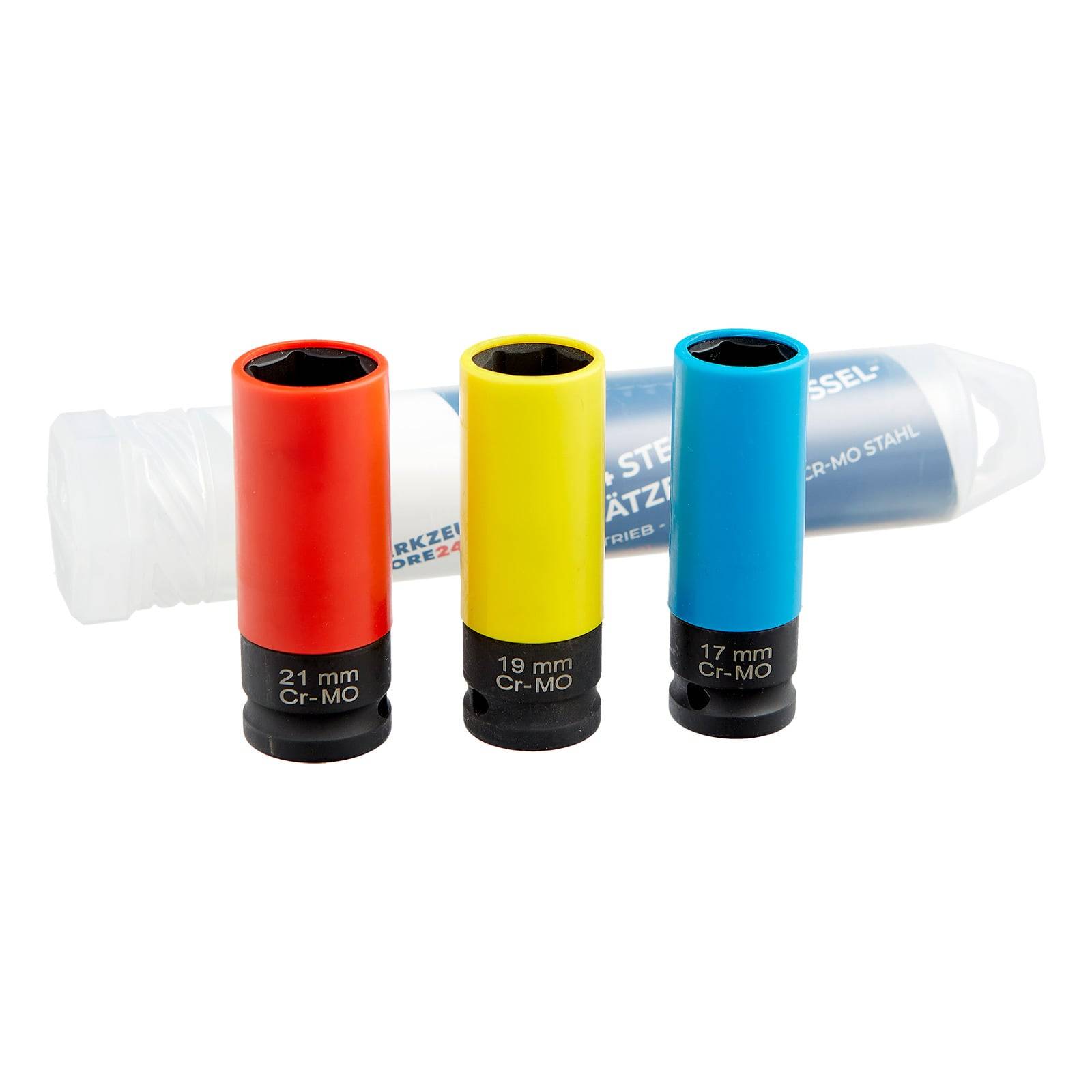 Drei Steckschlüssel in Rot, Gelb und Blau, beschriftet mit 21 mm, 19 mm und 17 mm Cr-Mo, stehen aufrecht; Verpackung im Hintergrund.