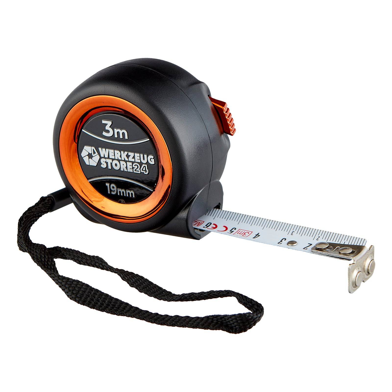 Ein 3 Meter langer Maßband mit schwarzer und orangefarbener Gehäuse und einem 19 mm breiten Band, ausgestattet mit einem Handgelenkband für bequeme Handhabung.