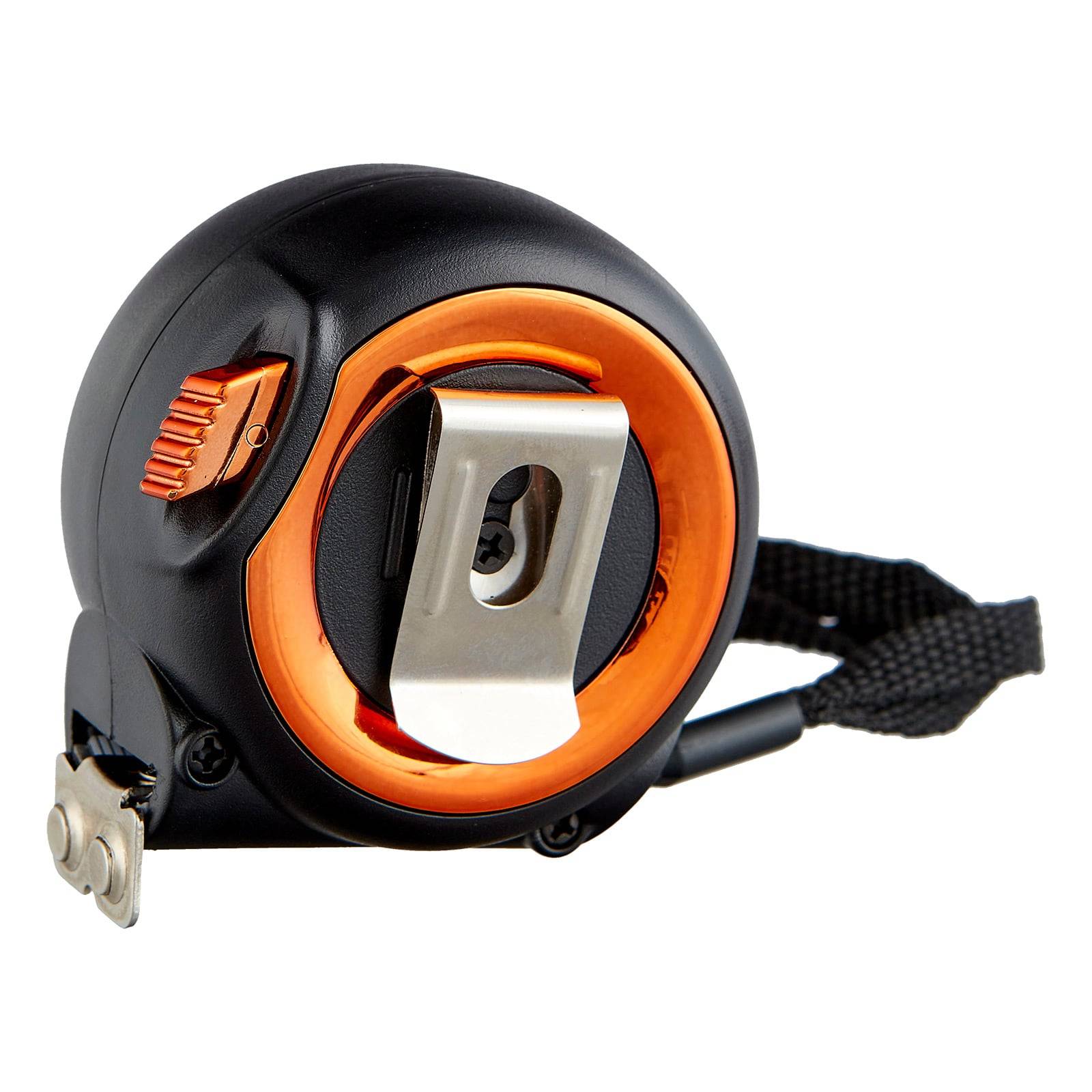 Ein schwarzes und orangefarbenes Maßband mit einer Metallklemme und einem Handgelenkband, das für das Messen von Entfernungen oder Längen bei Bau- oder Heimwerkerarbeiten konzipiert ist.