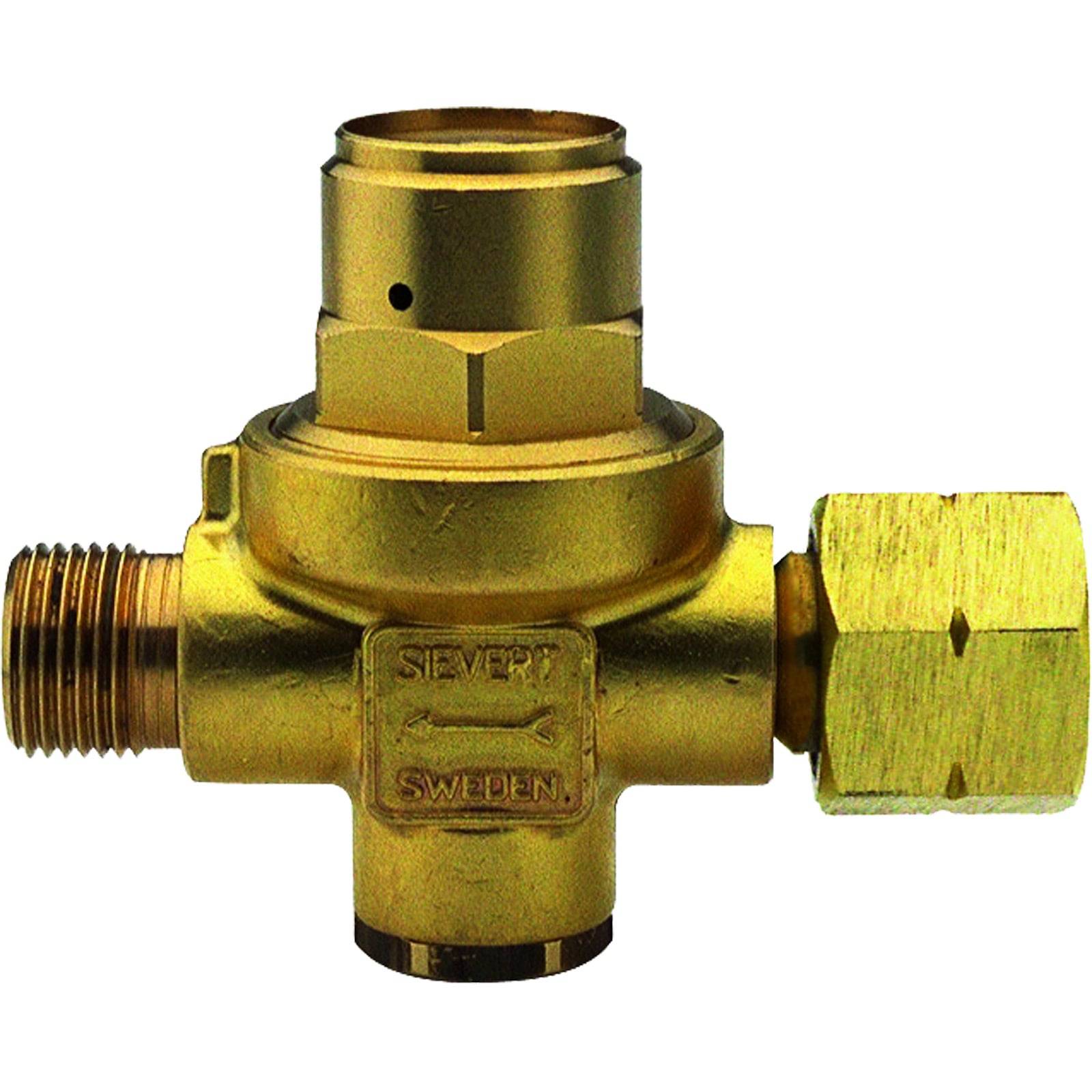 Ein Messing-Gasregler mit Gewindeanschluss, mit der Aufschrift „Sievert Sweden