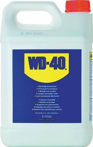Eine große Dose WD-40-Schmiermittel mit einem gelben und blauen Etikett, auf dem das Produktlogo prominent angezeigt wird.
