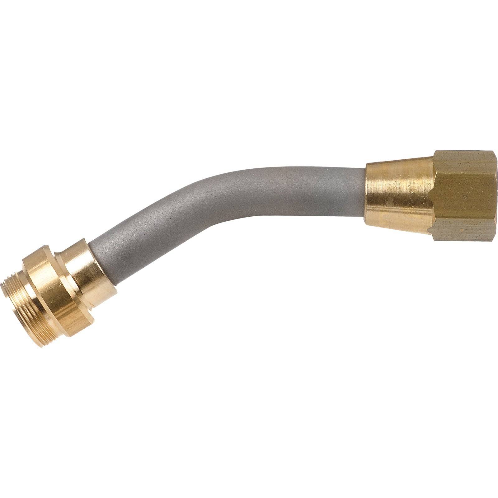 Ein Schlauchverbinder aus Messing und Stahl mit Gewindeanschlüssen.