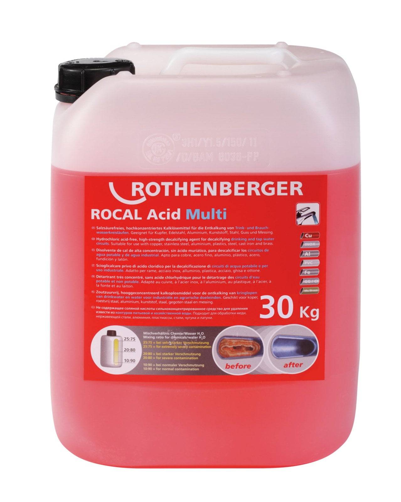 Roter Behälter mit der Aufschrift 'ROCAL Acid Multi' von Rothenberger, 30 kg. Verwendet zum Reinigen und Entkalken. Sicherheitshinweise und Piktogramme sichtbar.