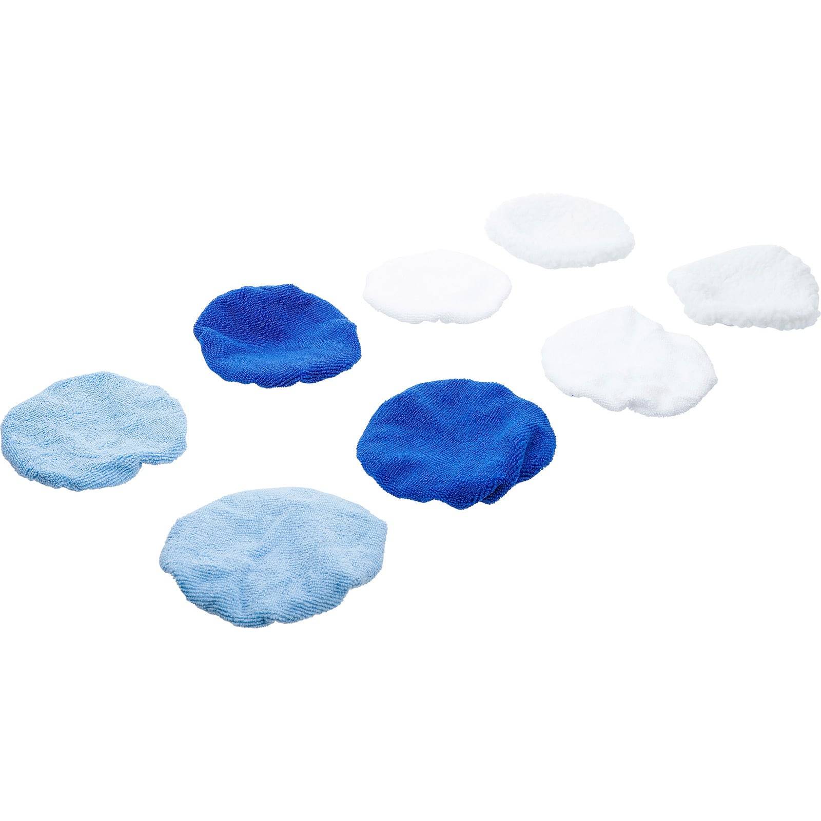 Sieben kreisförmige Reinigungspads, angeordnet in zwei Reihen. Die Pads sind in Blau- und Weißtönen gehalten und zeigen verschiedene Texturen und Muster.