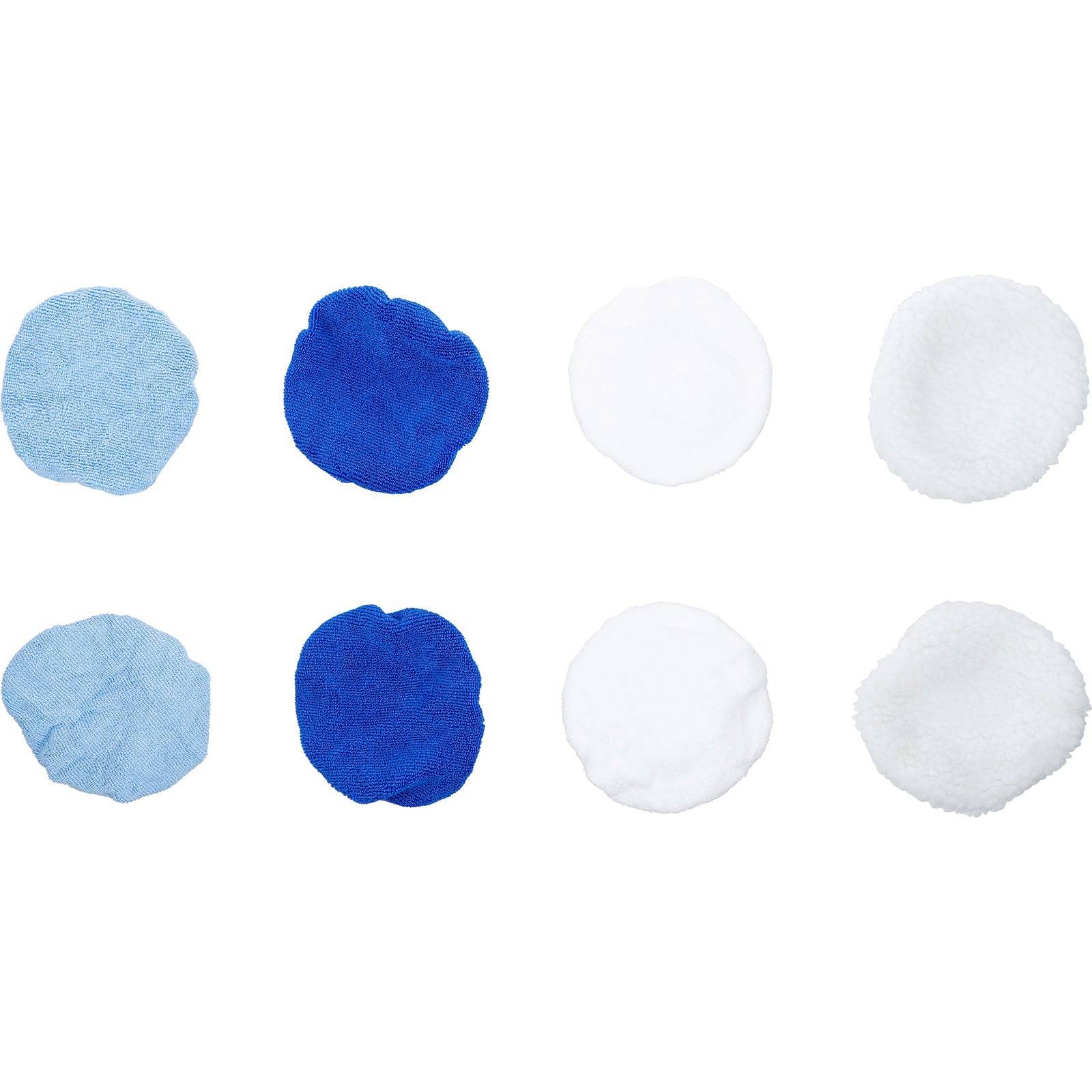 Acht runde Stoffpads in verschiedenen Blau- und Weißtönen, in zwei horizontalen Reihen angeordnet, mit einer weichen, strukturierten Oberfläche.