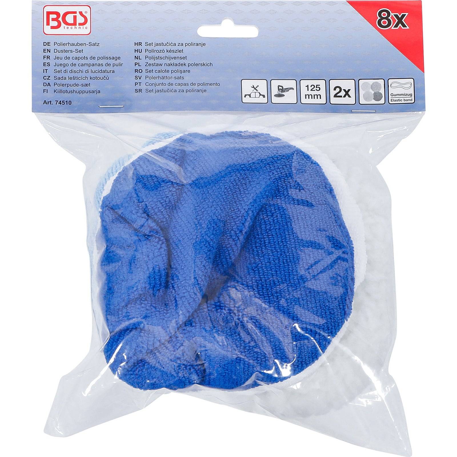 Satz von zwei Polierpads, eines in Blau und eines in Weiß, 125 mm Durchmesser, in transparenter Verpackung, gekennzeichnet mit '8x' und 'Art. 74510'.