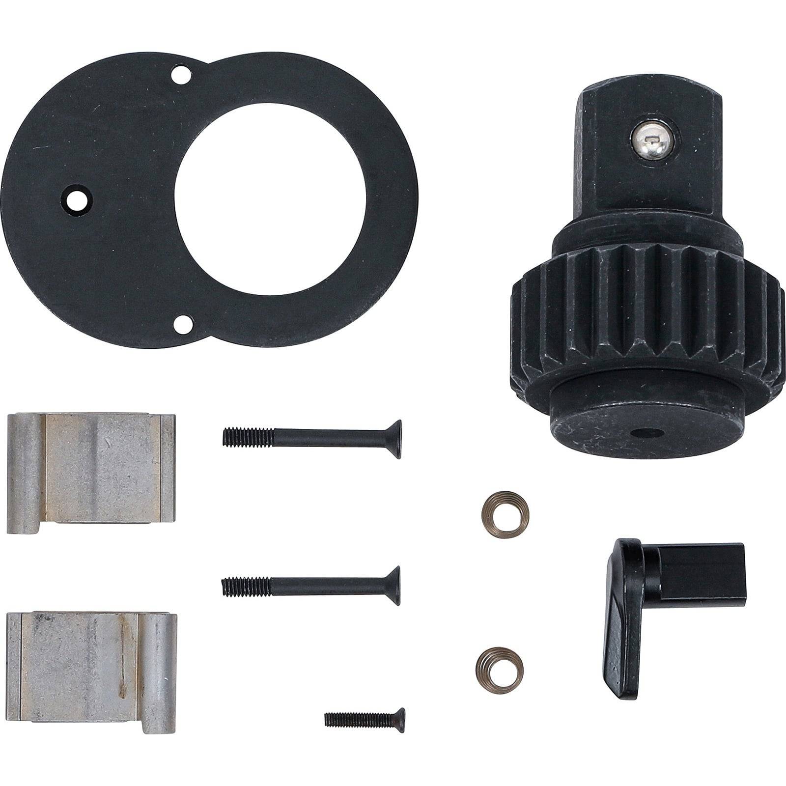 Befestigungshardware-Set inklusive eines schwarzen kreisförmigen Adapters, Getriebemechanismus, Schrauben, Schellen und eines kleinen Hebels.