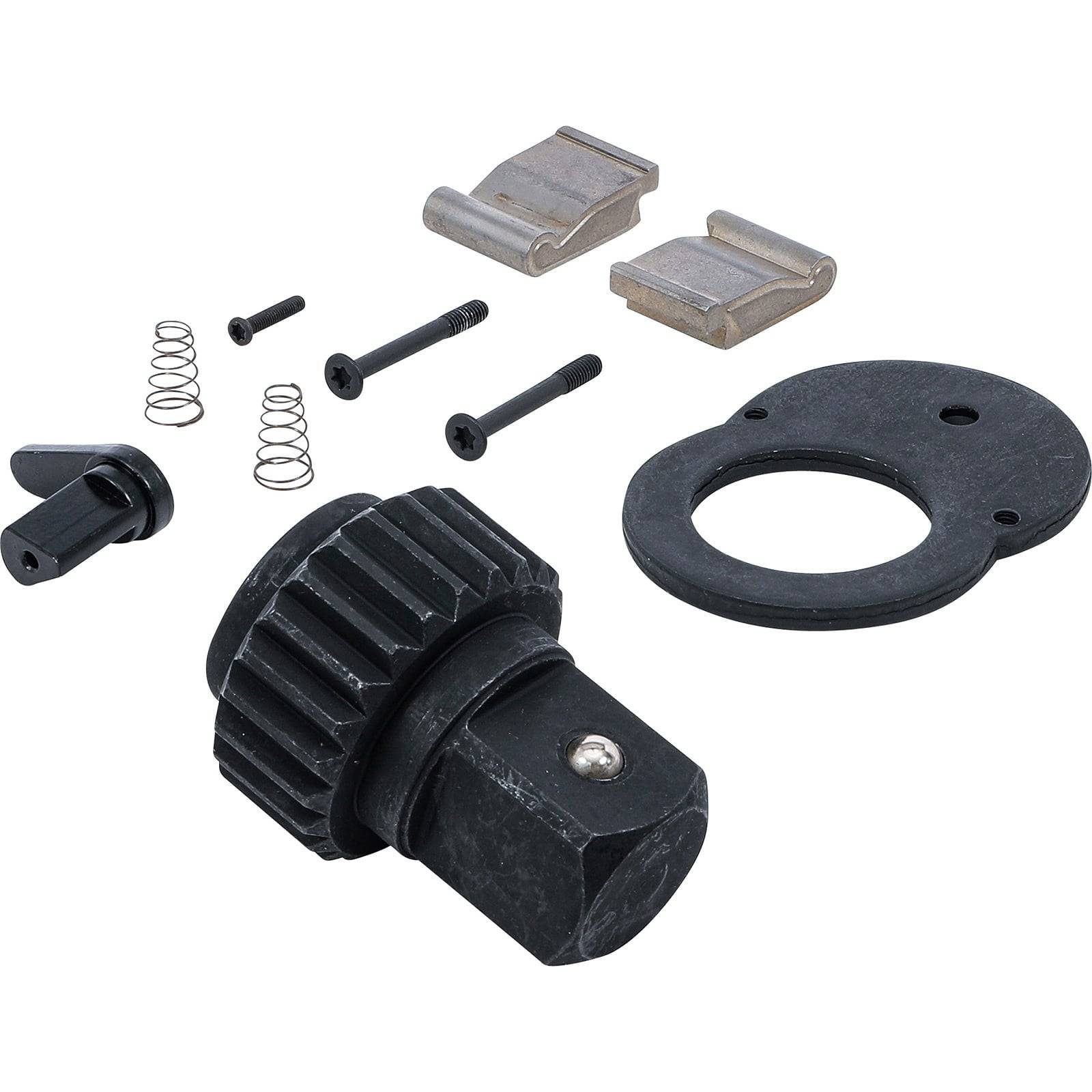 Schlossbauset, bestehend aus einem Zahnrad, Schrauben, Federn, Verriegelungskomponenten und einer Kreisplatte, die auf einem weißen Hintergrund angeordnet sind.