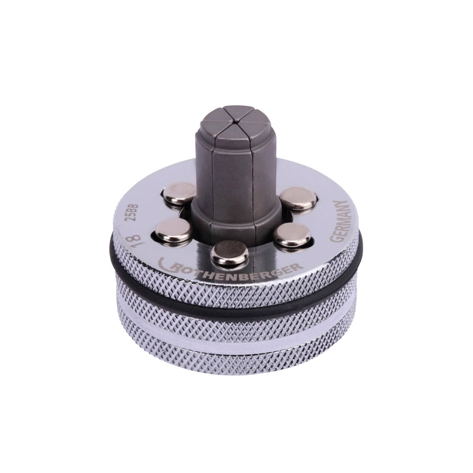 Rothenberger-Rohrschneider-Kopf, silber mit strukturierten Griffen, entwickelt für präzises Schneiden von Rohren, mit Markenname und Größe beschriftet.