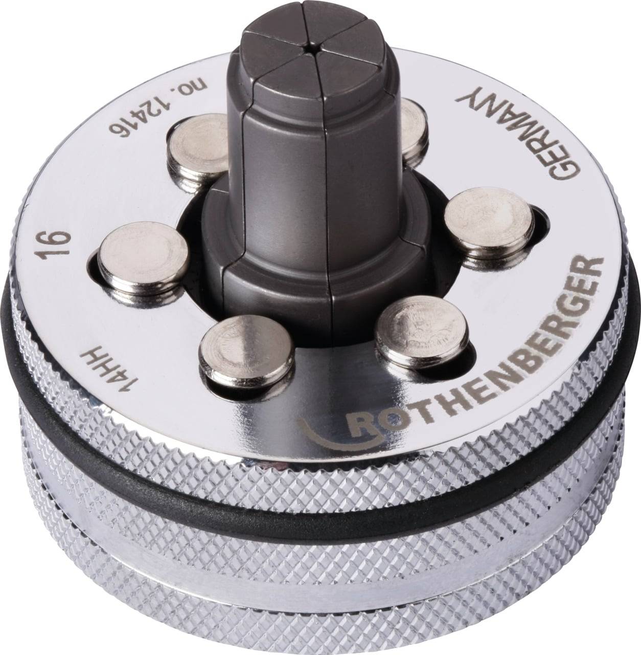 Ein Rothenberger-Rohwerkzeug mit Messskalen, ausgestattet mit einer gerändelten, metallischen Oberfläche und einem zentralen verstellbaren Mechanismus.