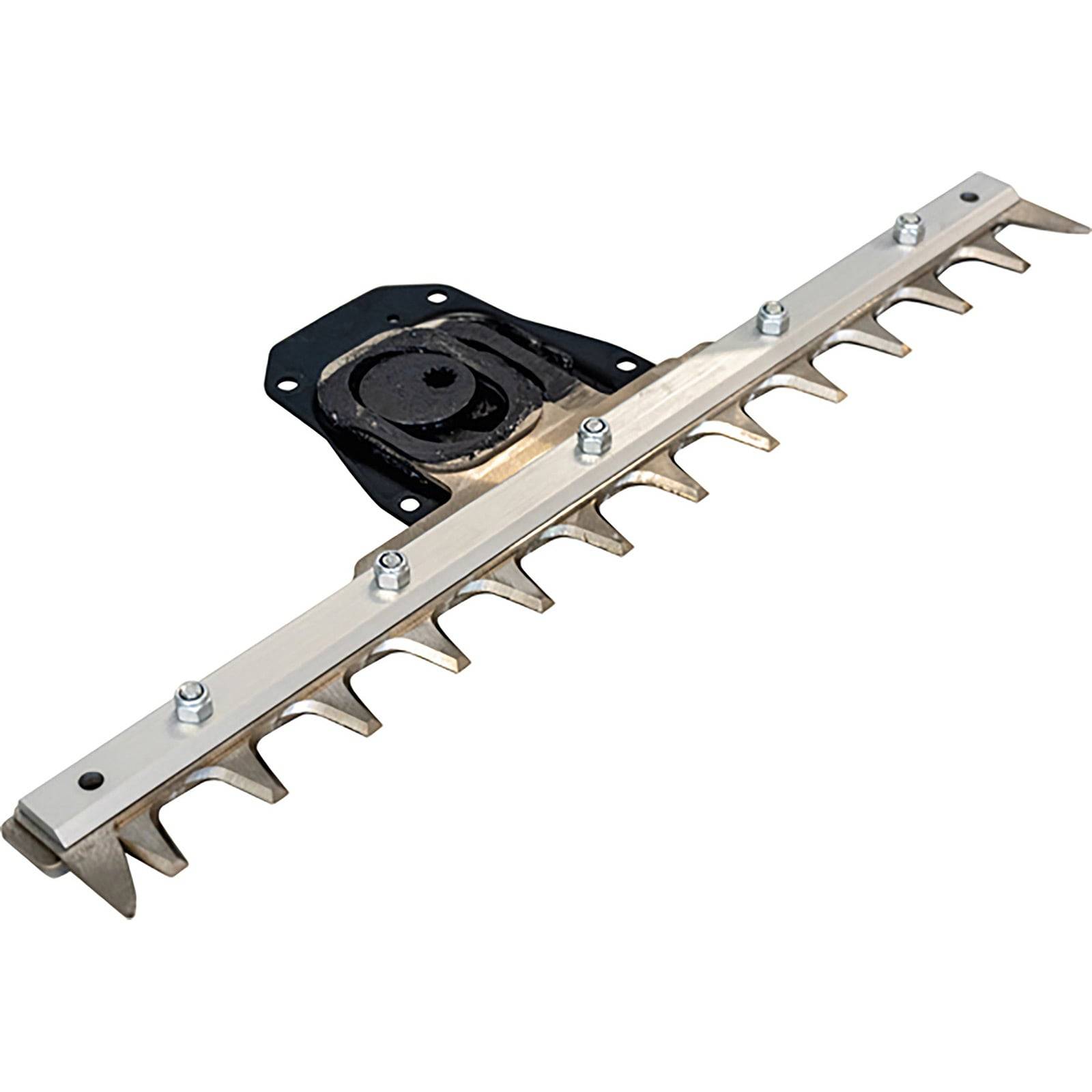 Eine Heckenscherenmesser aus Metall mit mehreren scharfen, dreieckigen Zähnen, die zum Schneiden und Trimmen von Hecken und Sträuchern entwickelt wurde.