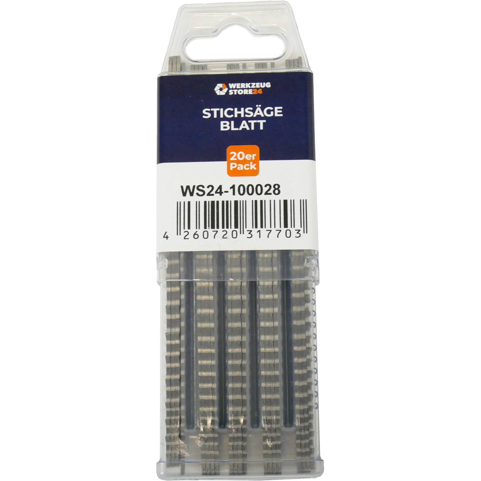 Packung mit 20 Stichsägeblättern, gekennzeichnet mit WS24-100028, in einer transparenten Kunststoffbox mit Griff, Barcode auf der Vorderseite sichtbar.