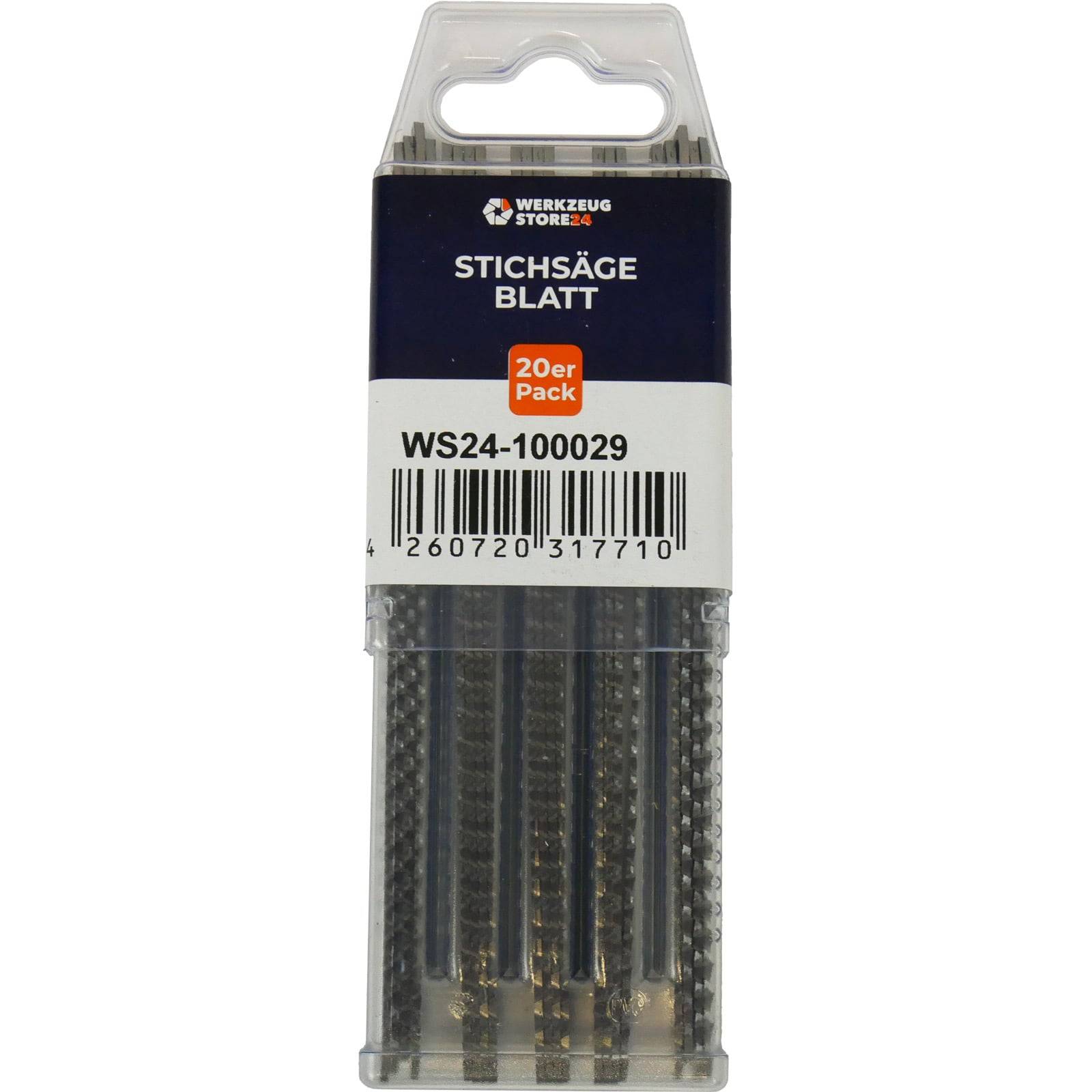 Stichsägeblätter 20er Pack in einer transparenten Kunststoffbox mit Griff, mit der Bezeichnung 'WS24-100029' und einem Barcode versehen.