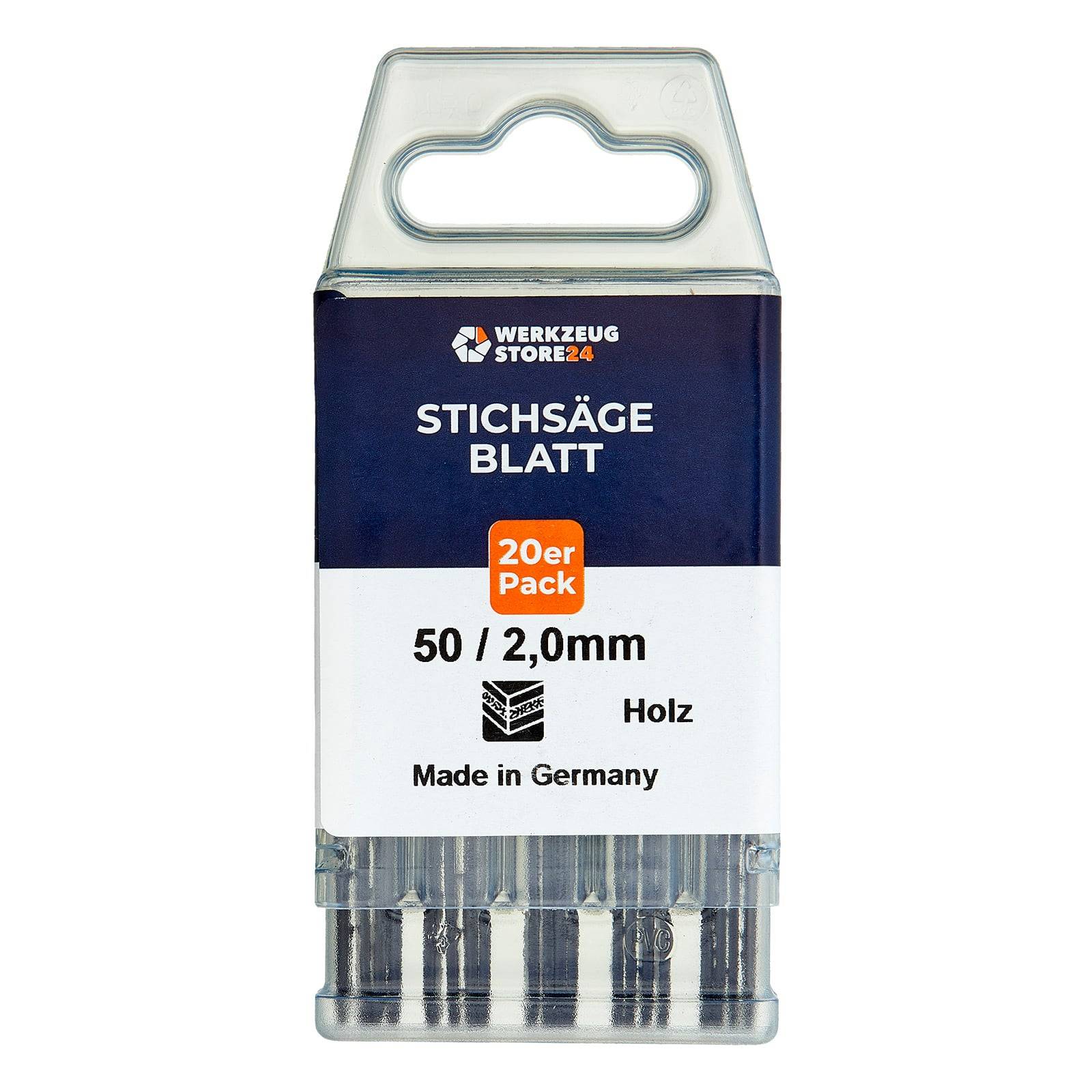 Stichsägeblätter, 20er-Pack, 50mm Länge, 2,0mm Dicke, Made in Germany, geeignet zum Holzschneiden.