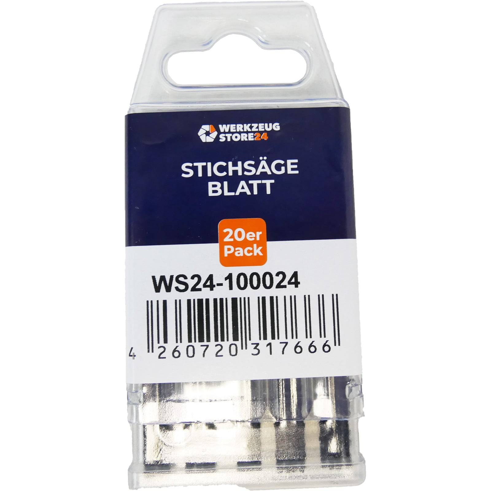 Sägeblatt-Packung für Stichsäge, enthaltend 20 Stück. Die Verpackung trägt einen Barcode und die Markierung des Händlers.