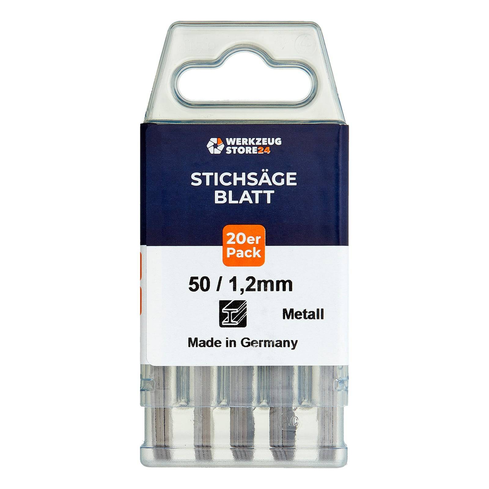 Satz Stichsägeblätter, beschriftet 'STICHSÄGE BLATT', 20 Stück, 50/1,2 mm, geeignet für Metall, 'Made in Germany'.