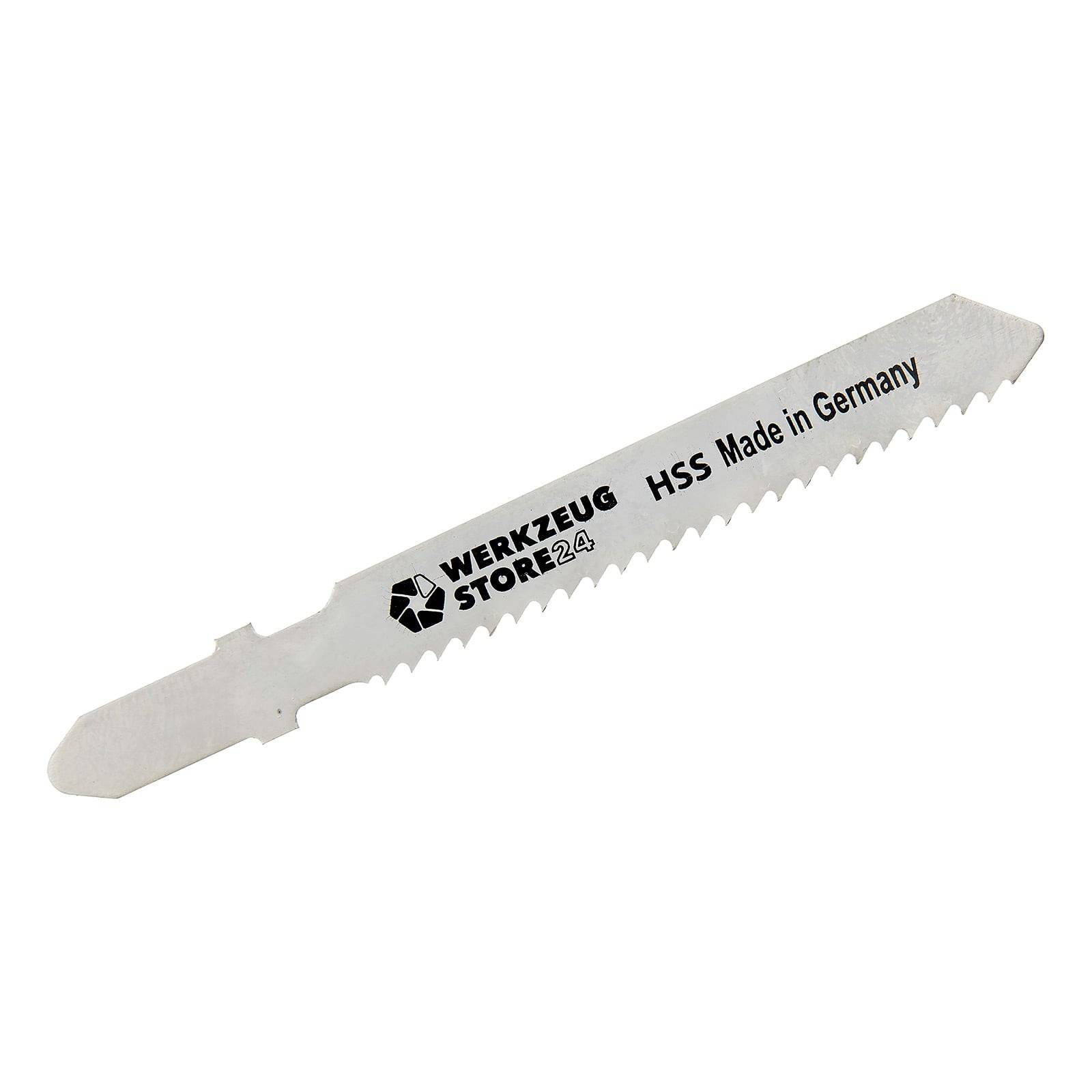 Das Bild zeigt eine metallische Sägeblatt, das mit 'WERKZEUG STORE 24 HSS Made in Germany' beschriftet ist und für Schneidanwendungen geeignet ist.